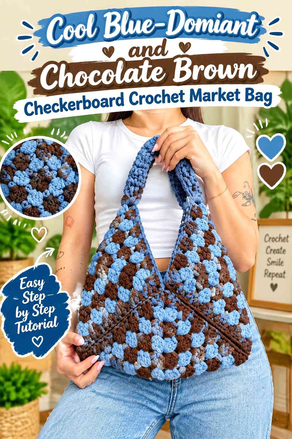 Cool Blue-Dominant and Chocolate Brown Checkerboard Crochet Market Bag