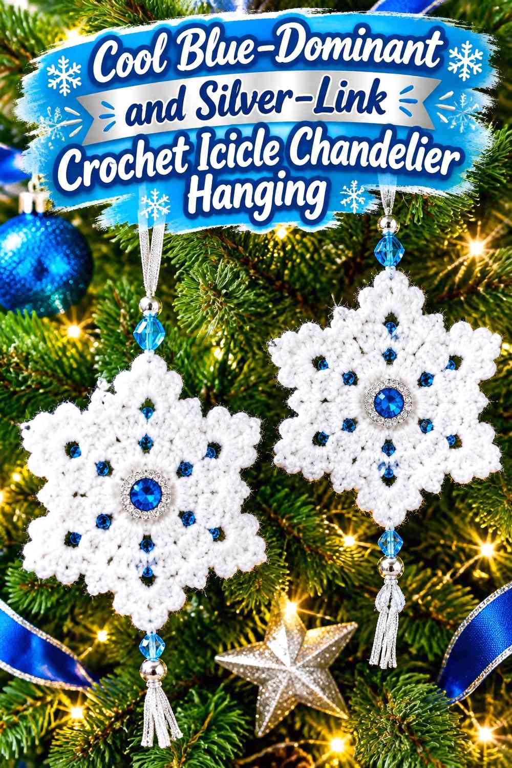 Cool Blue-Dominant and Silver-Link Crochet Icicle Chandelier Hanging