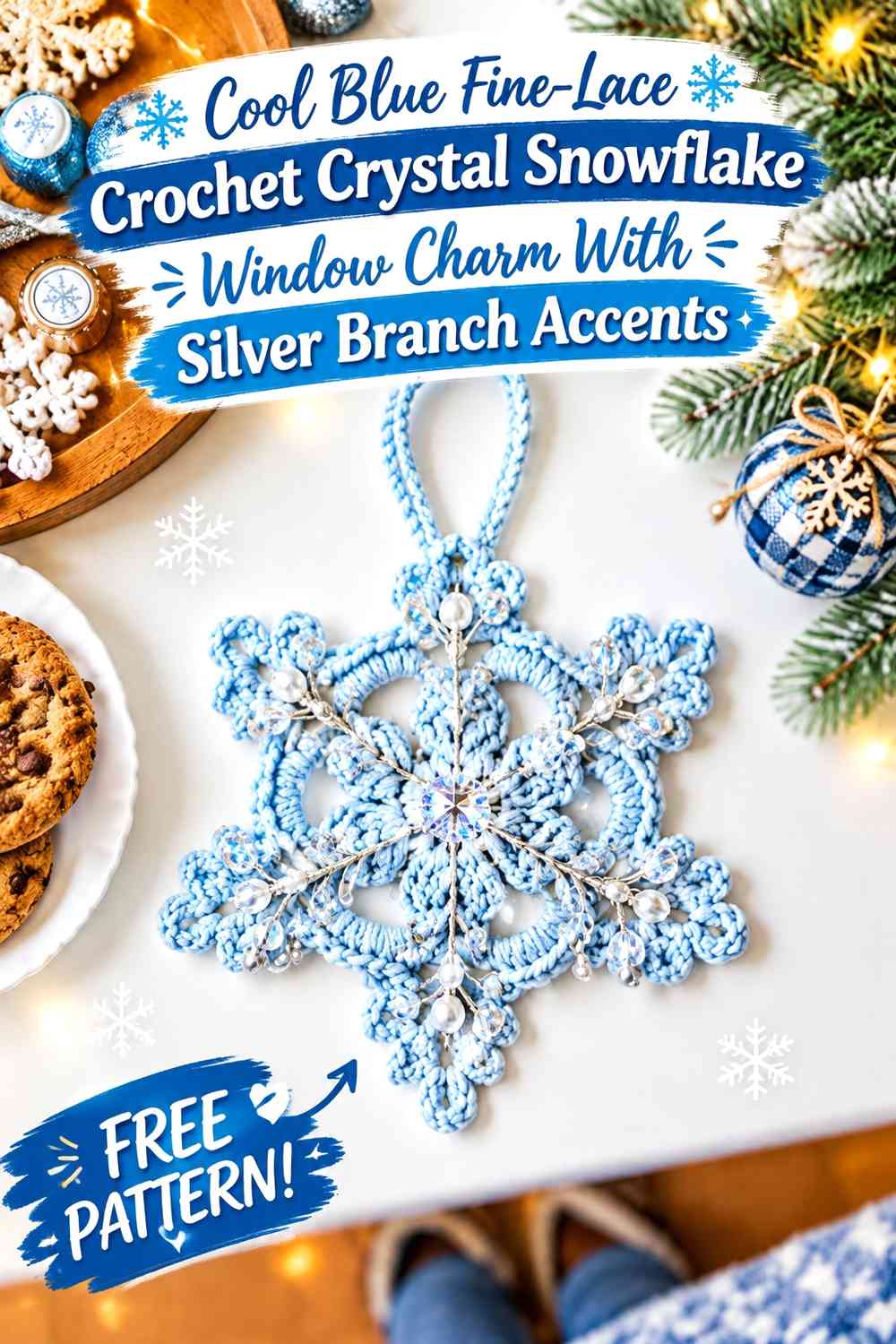 Cool Blue Fine-Lace Crochet Crystal Snowflake Window Charm With Silver Branch Accents