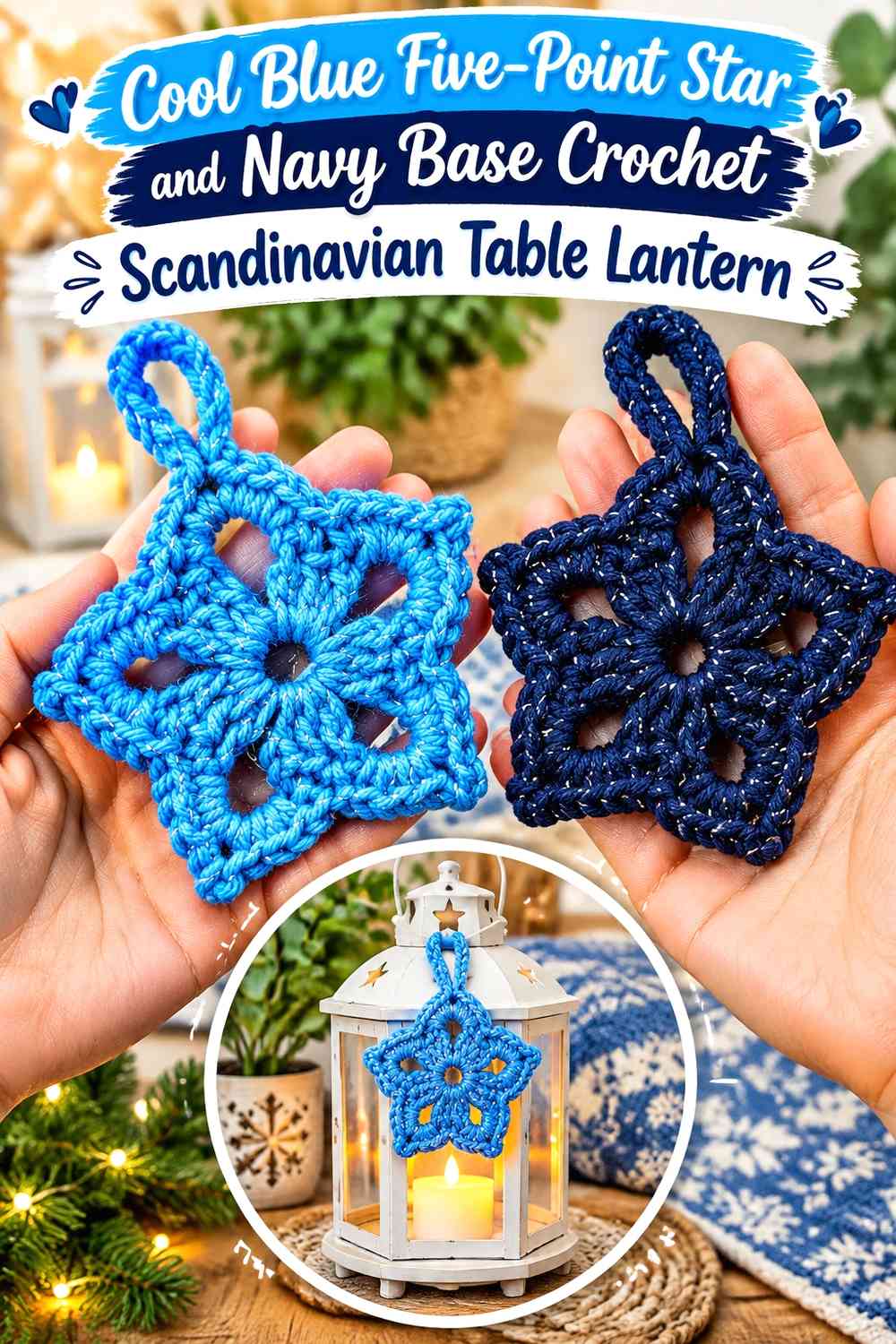 Cool Blue Five-Point Star and Navy Base Crochet Scandinavian Table Lantern