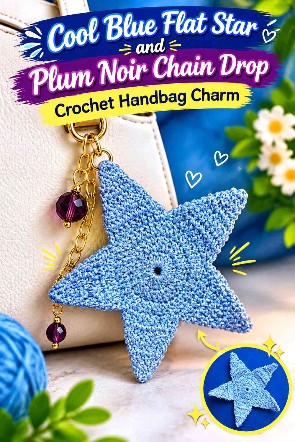 Cool Blue Flat Star and Plum Noir Chain Drop Crochet Handbag Charm