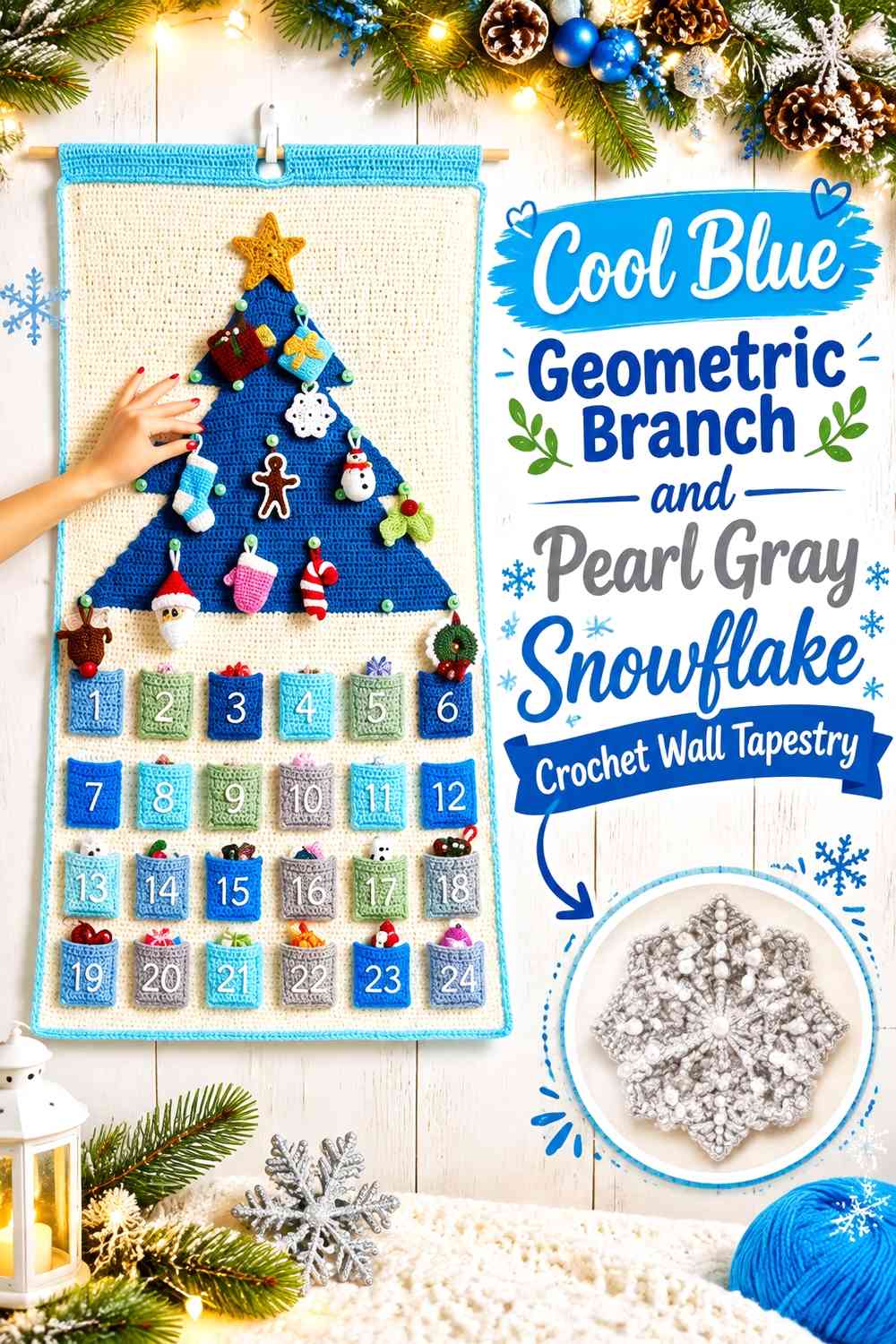 Cool Blue Geometric Branch and Pearl Gray Snowflake Crochet Wall Tapestry