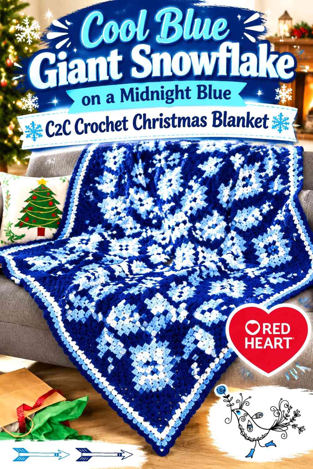 Cool Blue Giant Snowflake on a Midnight Blue C2C Crochet Christmas Blanket