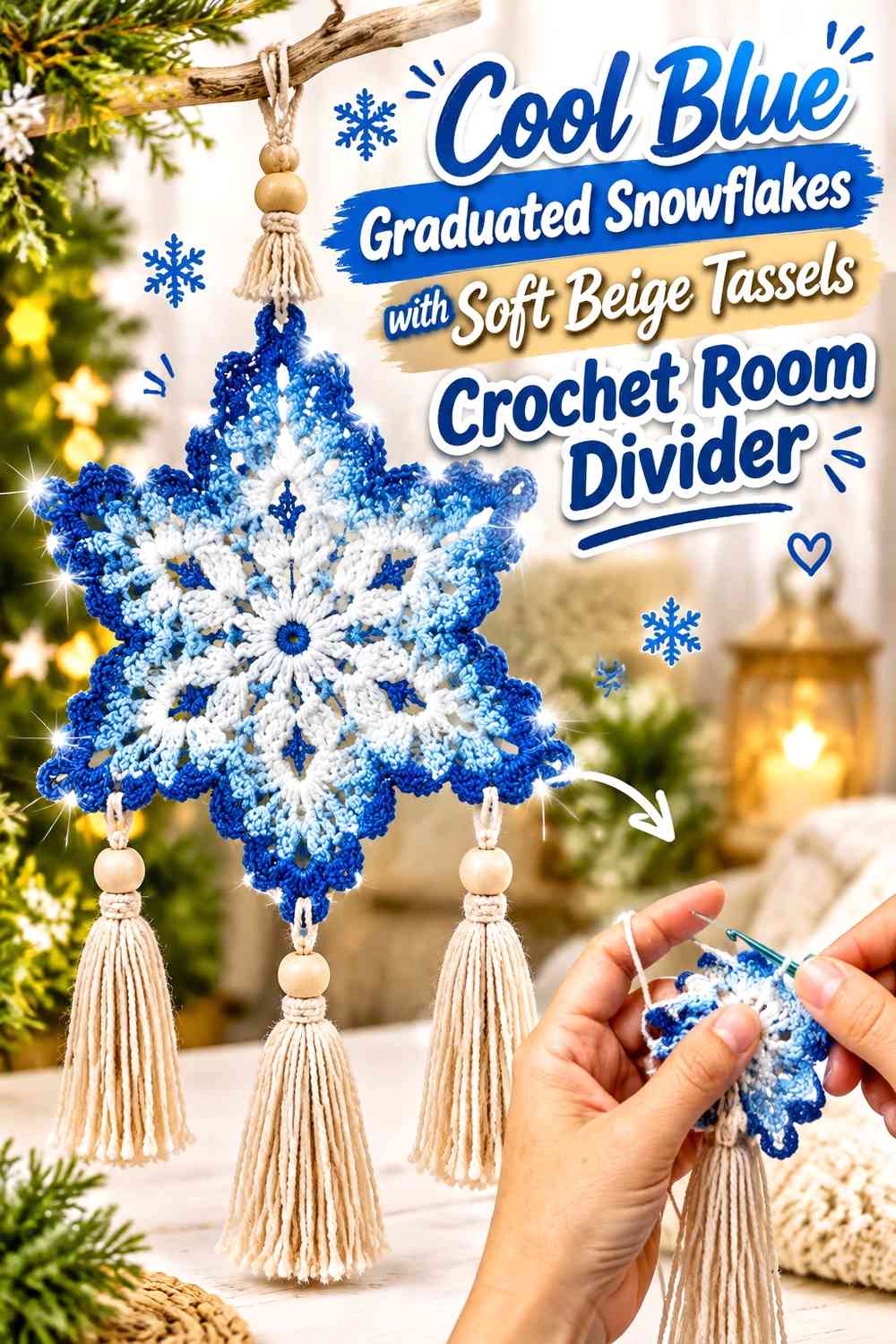 Cool Blue Graduated Snowflakes with Soft Beige Tassels Crochet Room Divider
