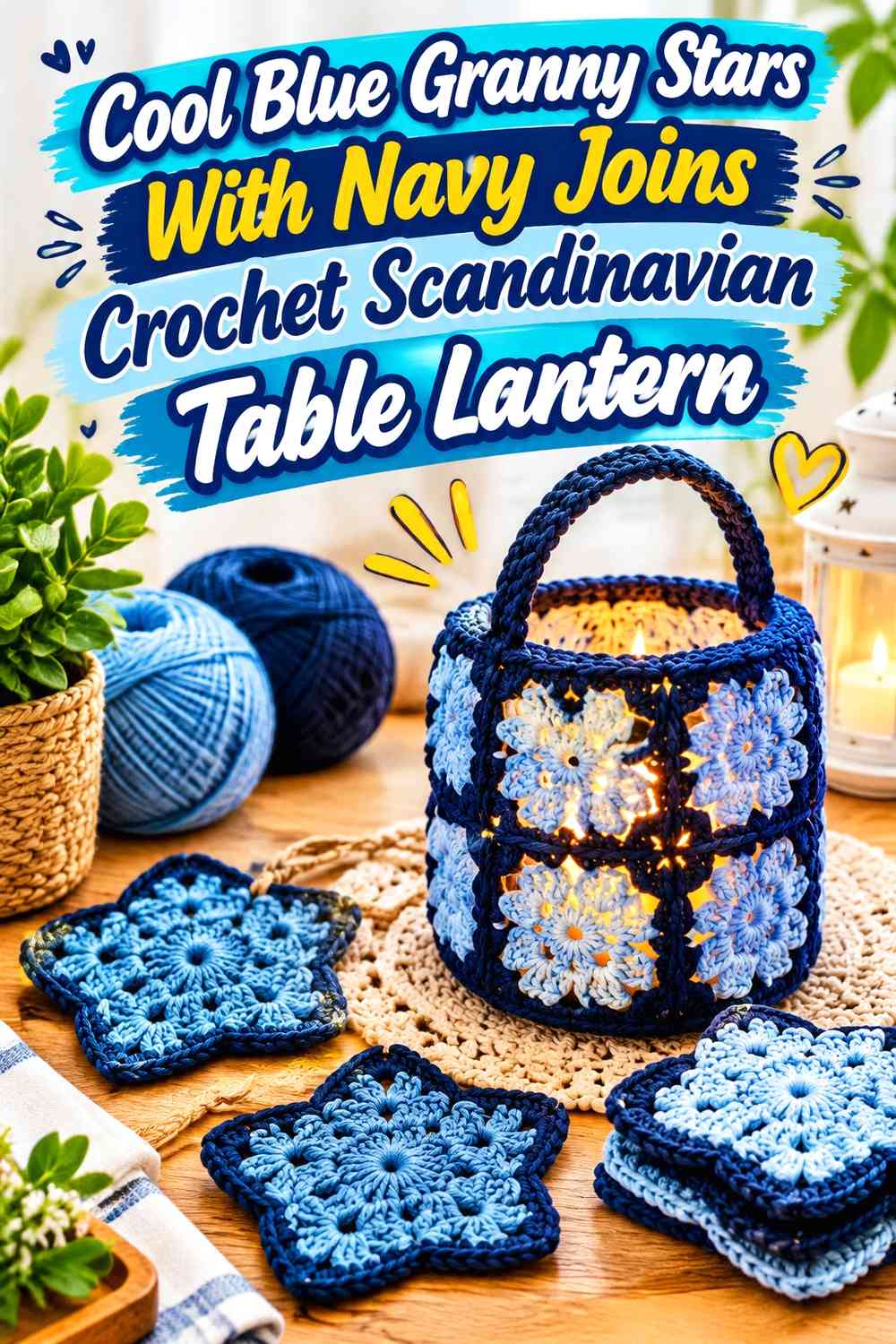 Cool Blue Granny Stars With Navy Joins Crochet Scandinavian Table Lantern