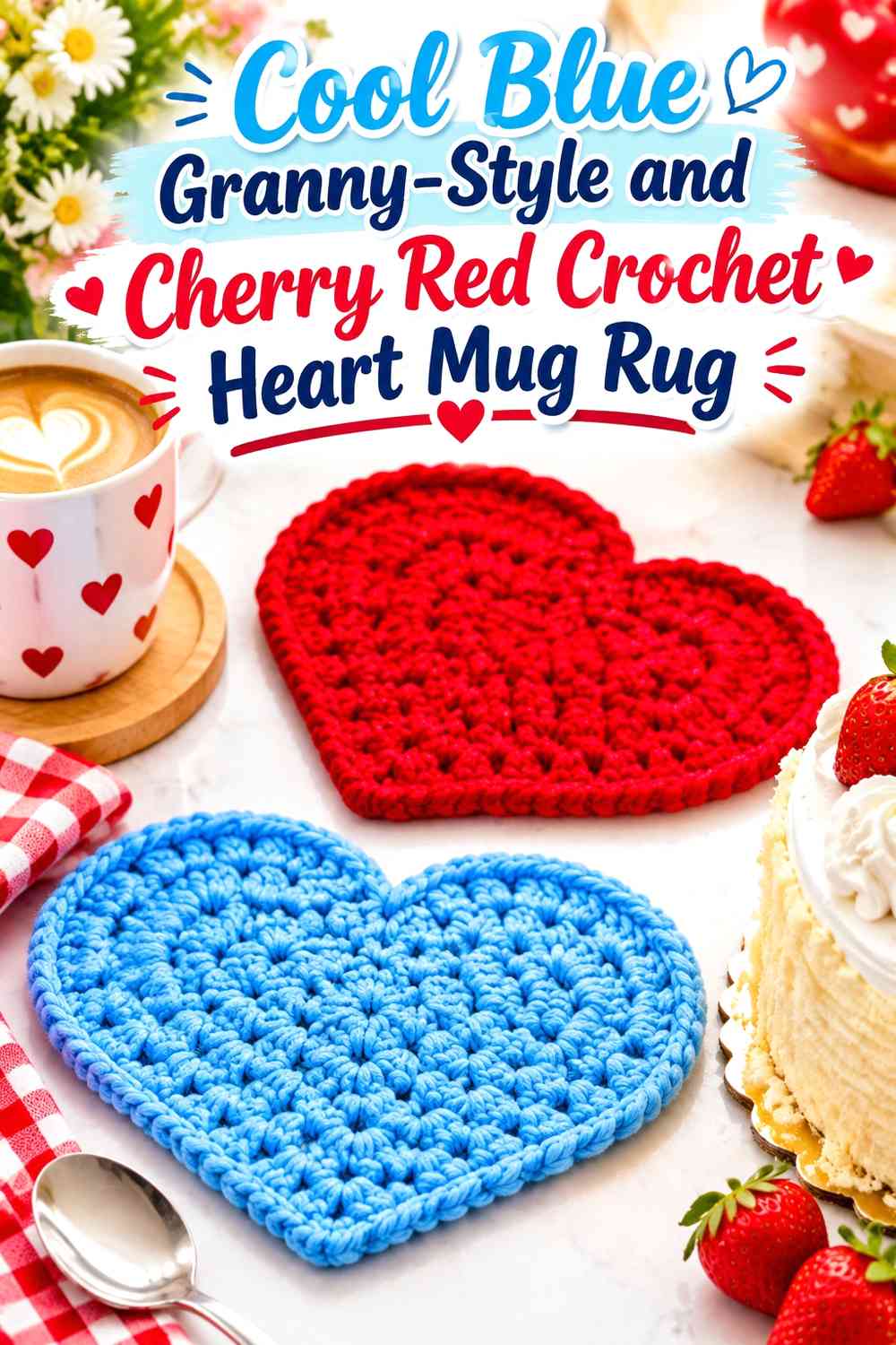 Cool Blue Granny-Style and Cherry Red Crochet Heart Mug Rug