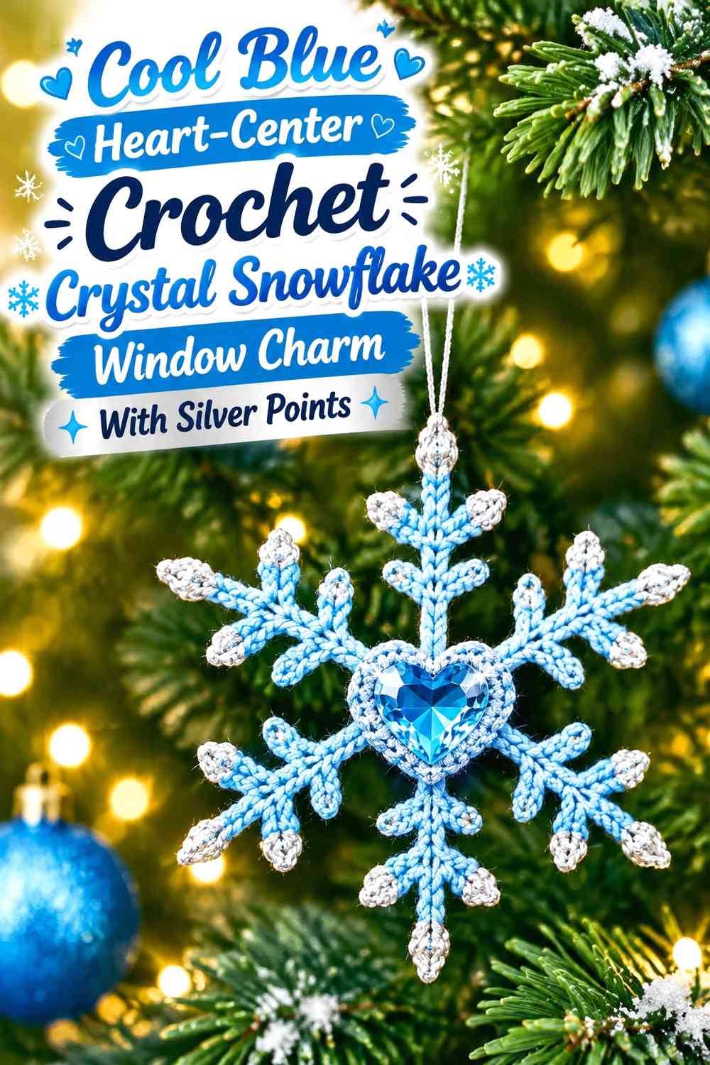 Cool Blue Heart-Center Crochet Crystal Snowflake Window Charm With Silver Points