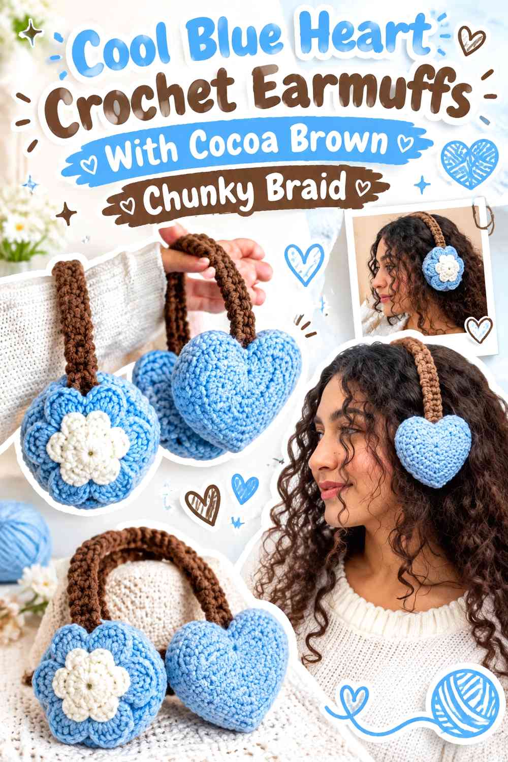 Cool Blue Heart Crochet Earmuffs With Cocoa Brown Chunky Braid