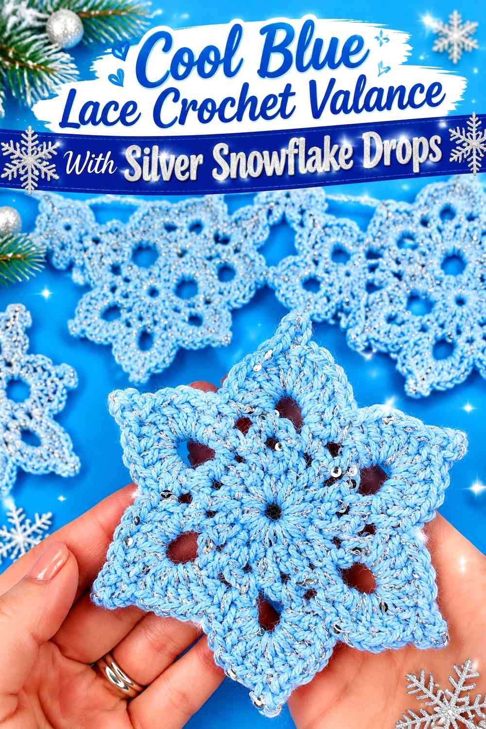 Cool Blue Lace Crochet Valance With Silver Snowflake Drops