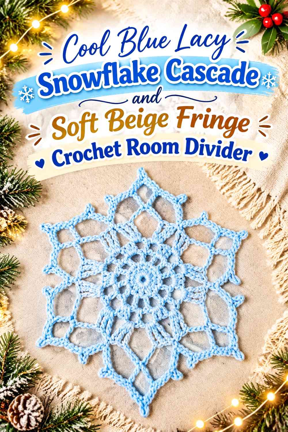 Cool Blue Lacy Snowflake Cascade and Soft Beige Fringe Crochet Room Divider