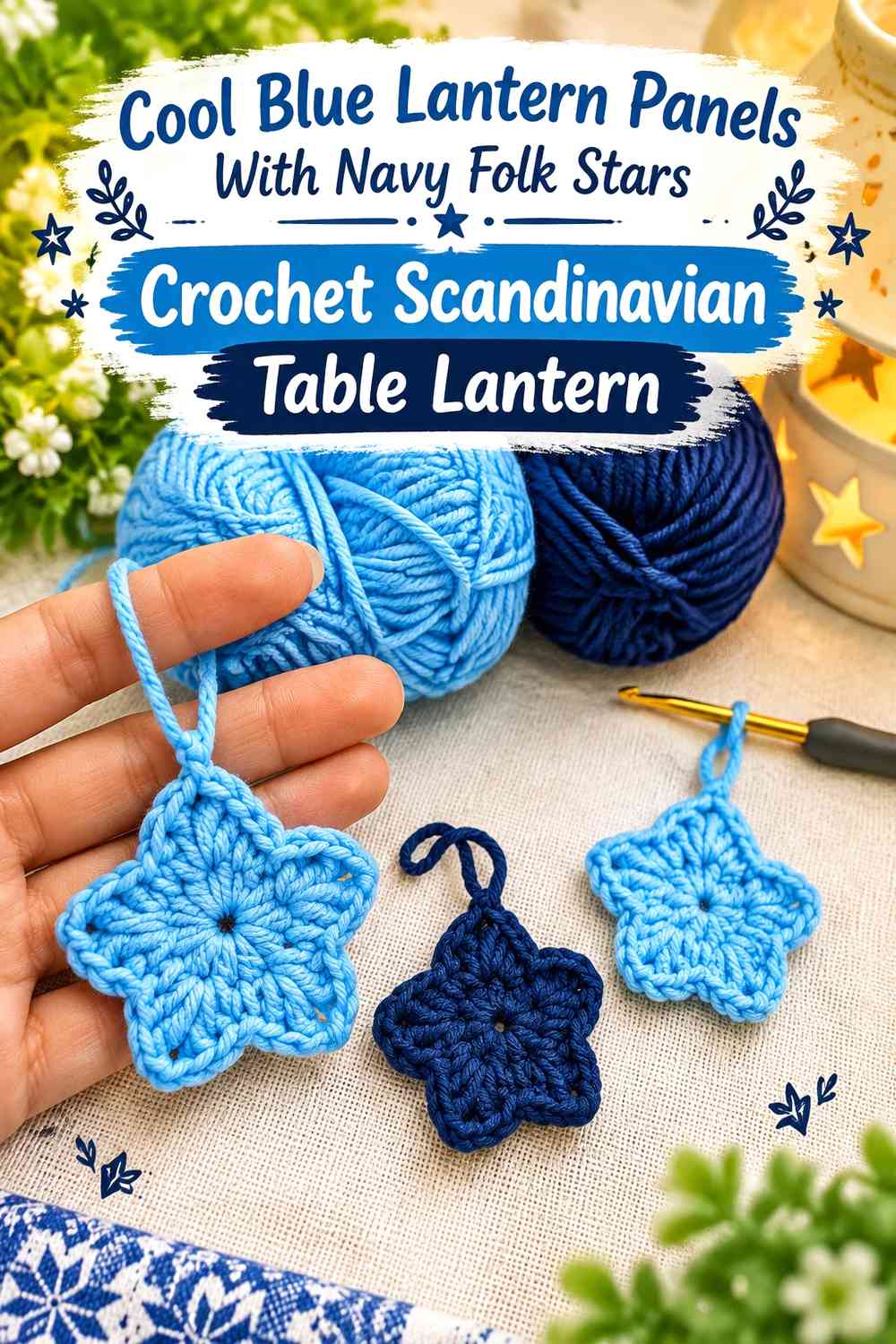 Cool Blue Lantern Panels With Navy Folk Stars Crochet Scandinavian Table Lantern