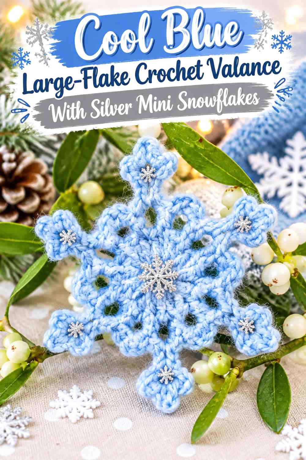 Cool Blue Large-Flake Crochet Valance With Silver Mini Snowflakes