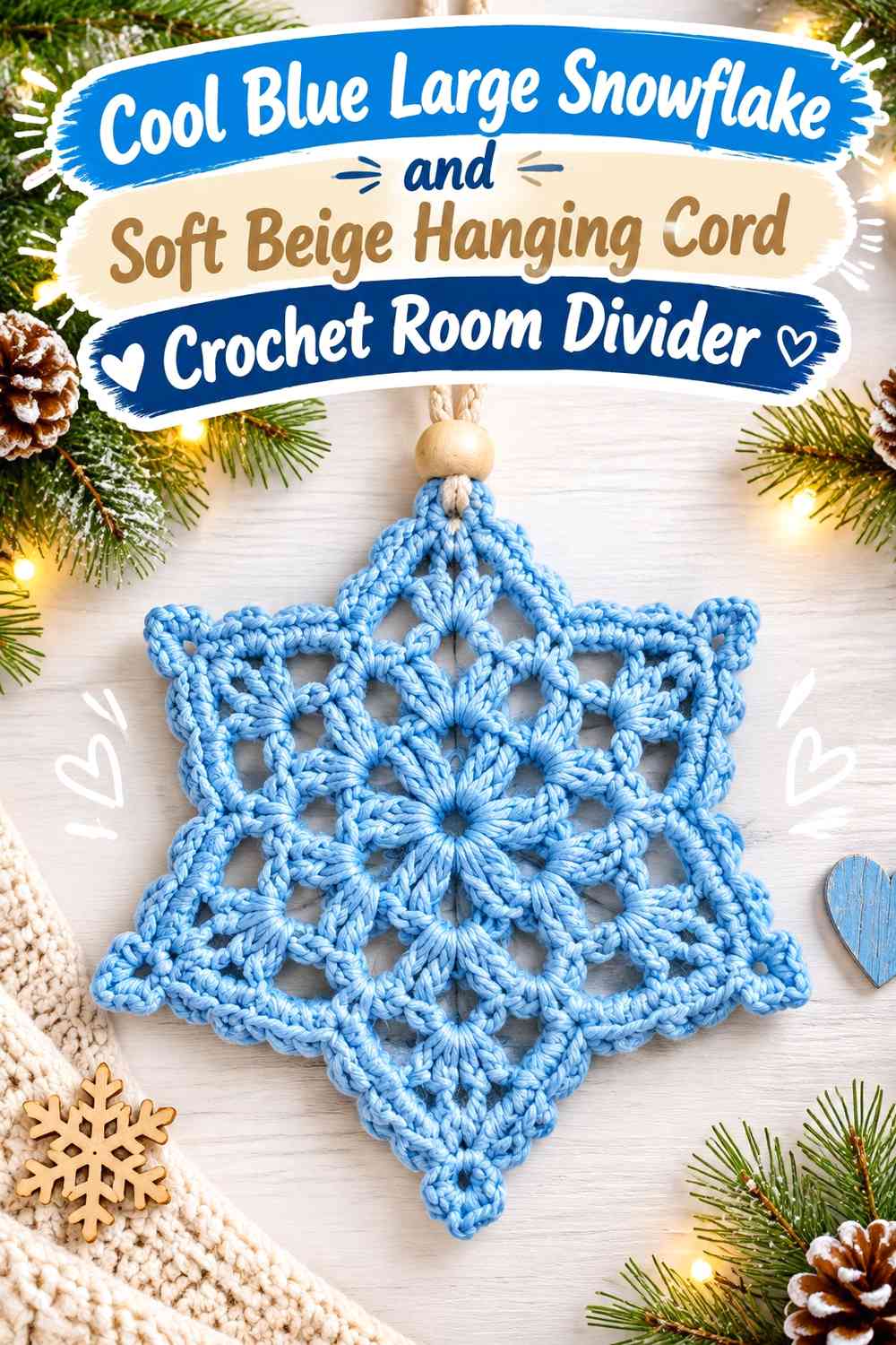 Cool Blue Large Snowflake and Soft Beige Hanging Cord Crochet Room Divider