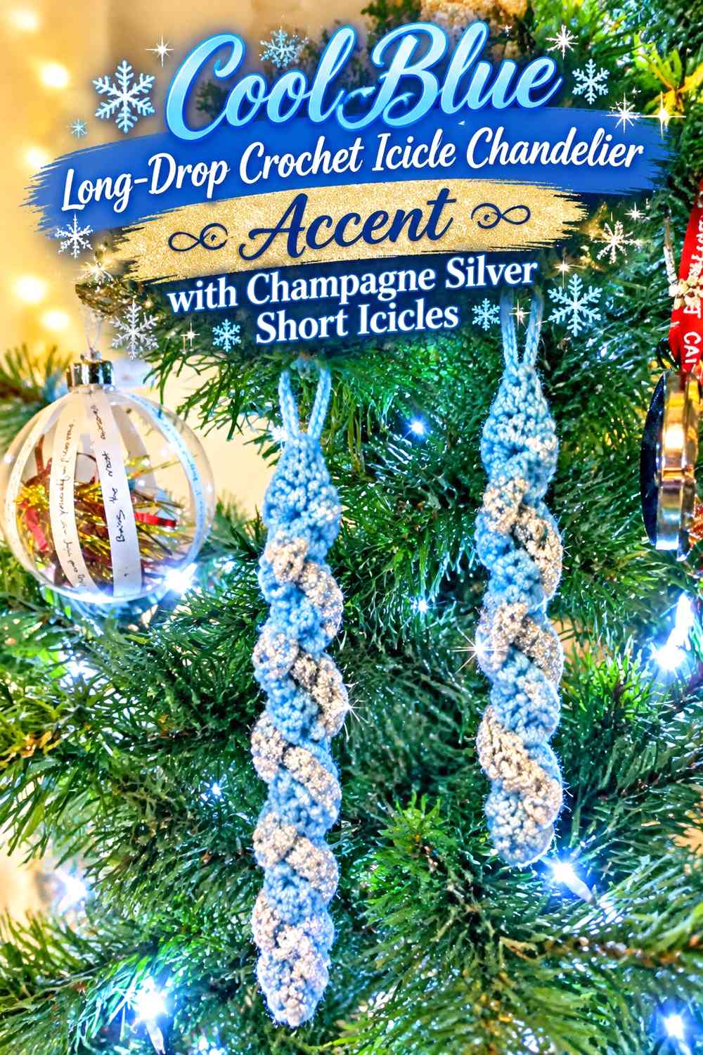 Cool Blue Long-Drop Crochet Icicle Chandelier Accent with Champagne Silver Short Icicles