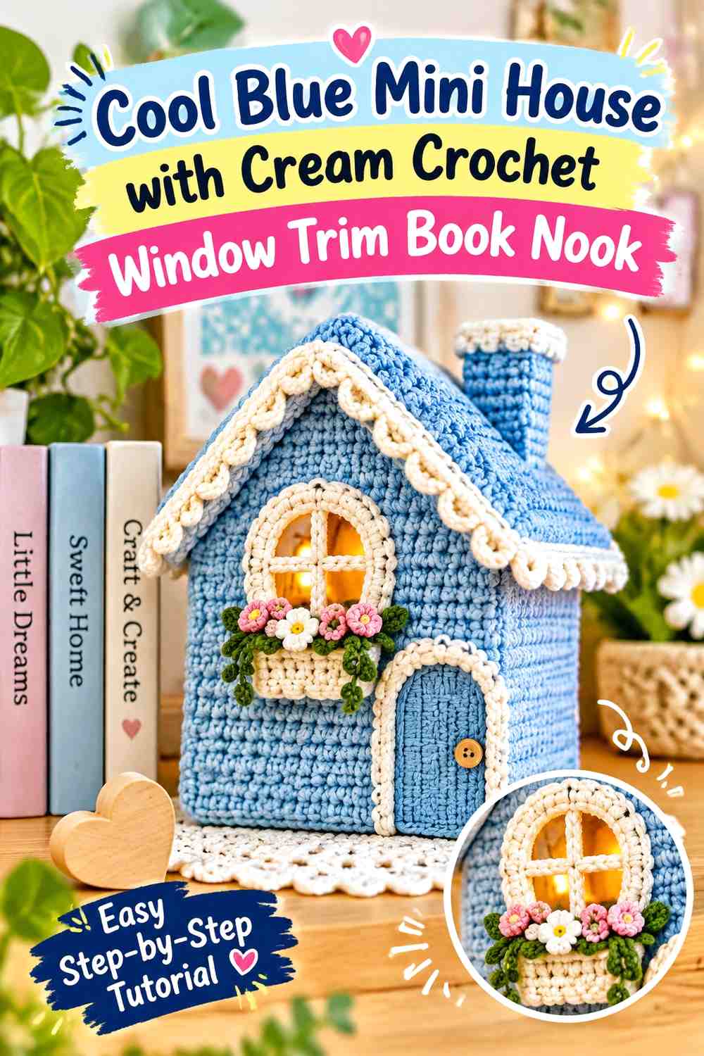 Cool Blue Mini House with Cream Crochet Window Trim Book Nook