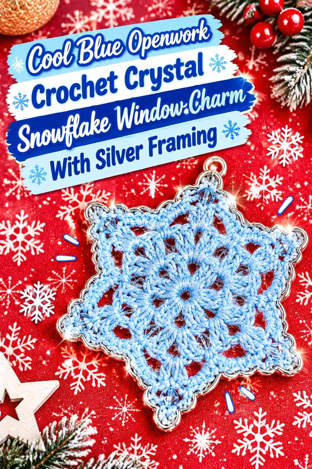 Cool Blue Openwork Crochet Crystal Snowflake Window Charm With Silver Framing