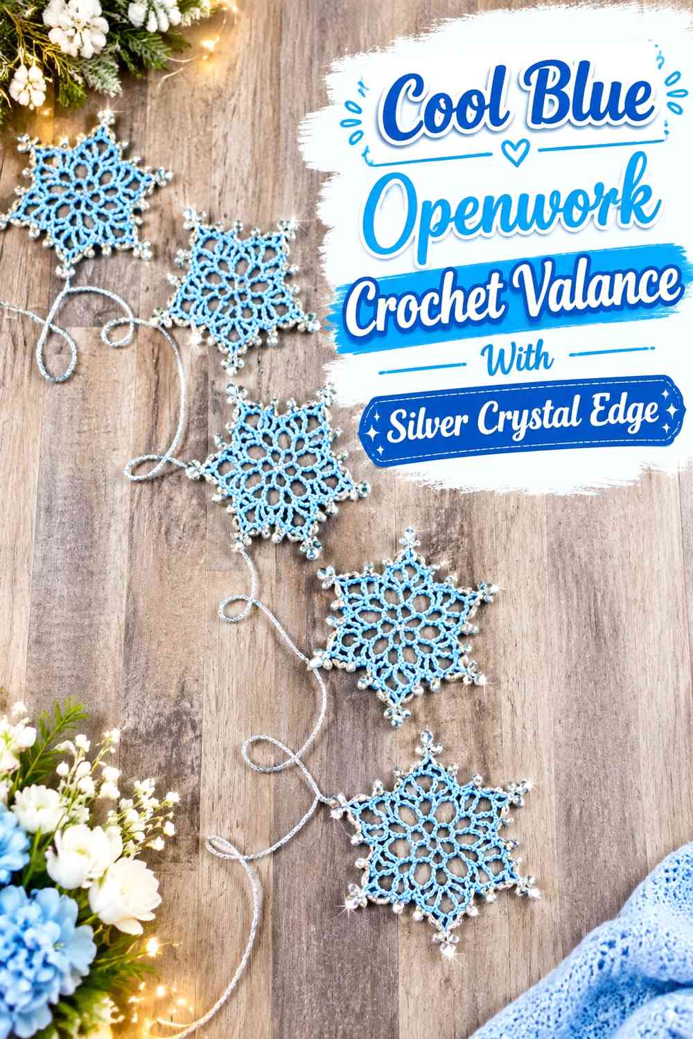 Cool Blue Openwork Crochet Valance With Silver Crystal Edge