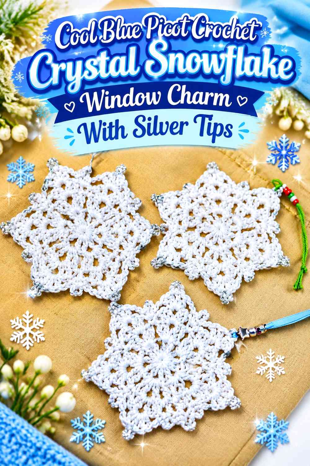 Cool Blue Picot Crochet Crystal Snowflake Window Charm With Silver Tips