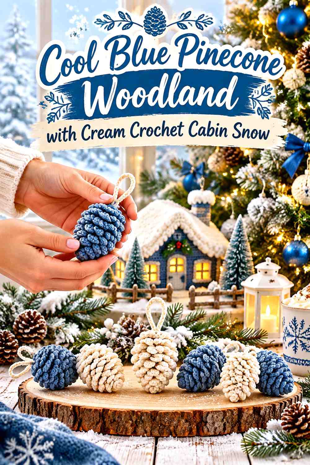 Cool Blue Pinecone Woodland with Cream Crochet Cabin Snow