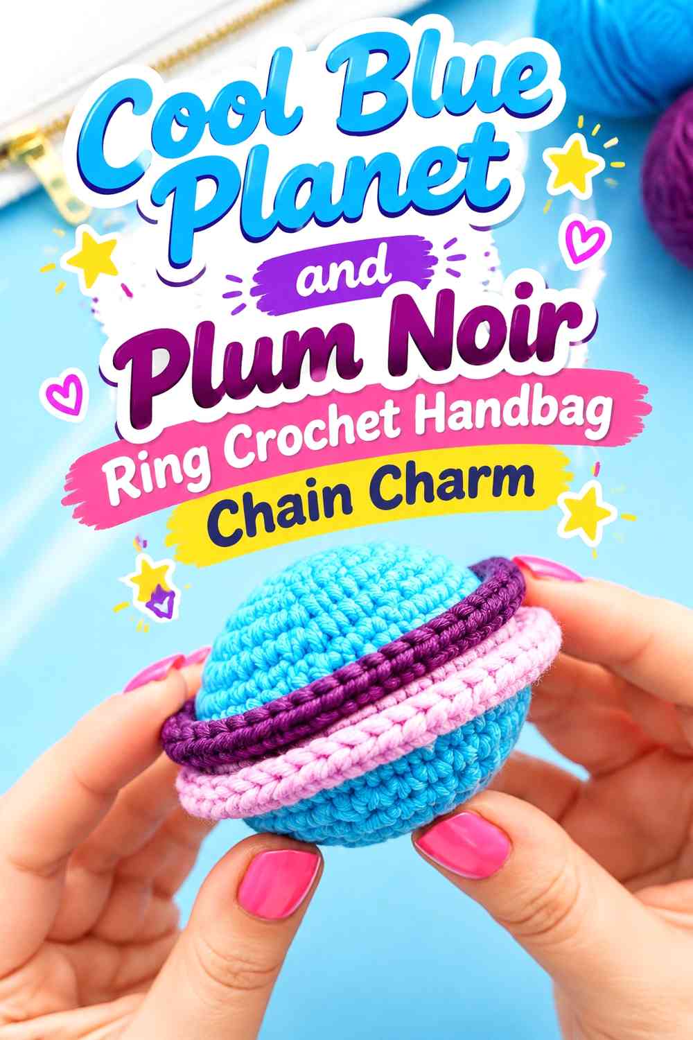 Cool Blue Planet and Plum Noir Ring Crochet Handbag Chain Charm
