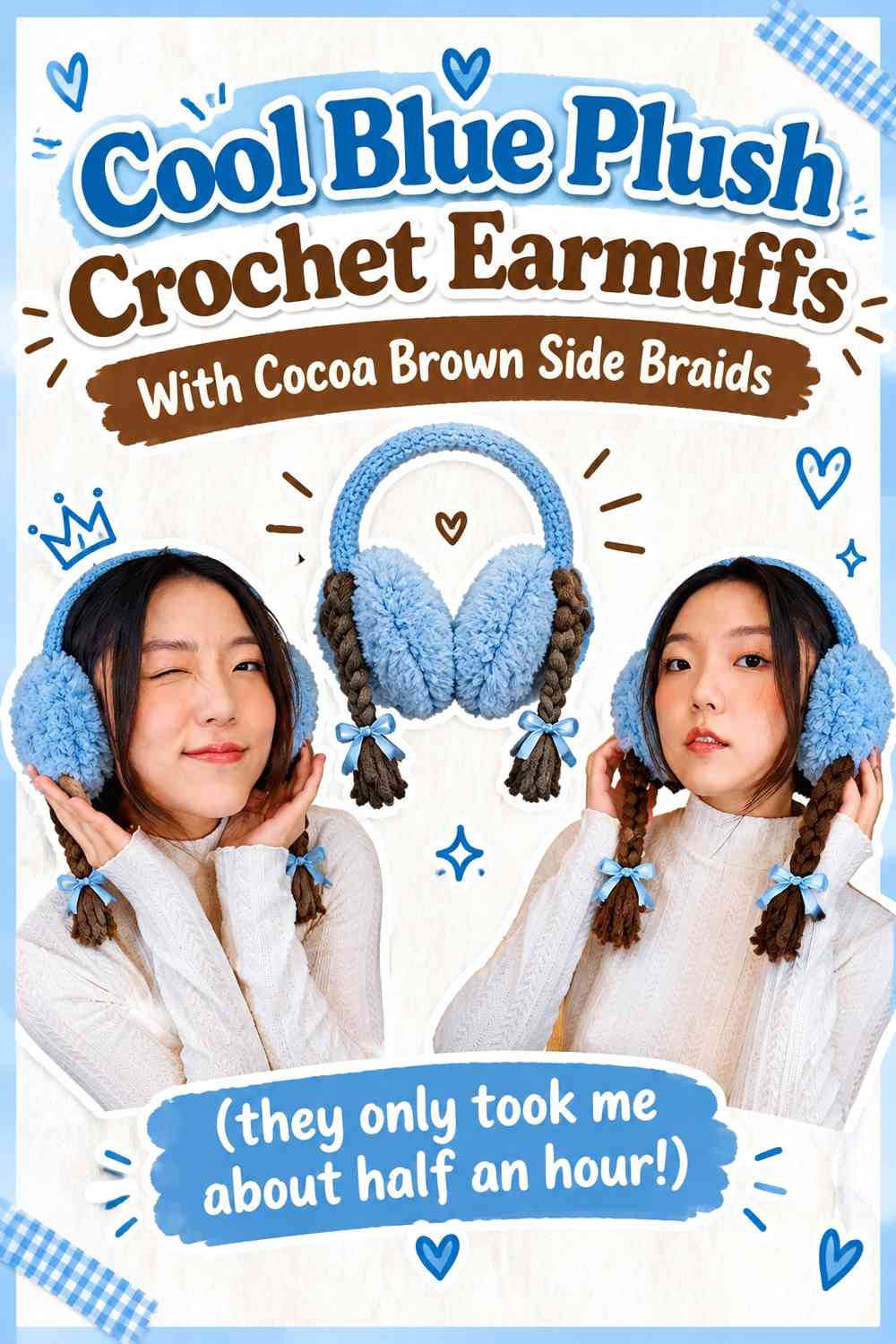 Cool Blue Plush Crochet Earmuffs With Cocoa Brown Side Braids