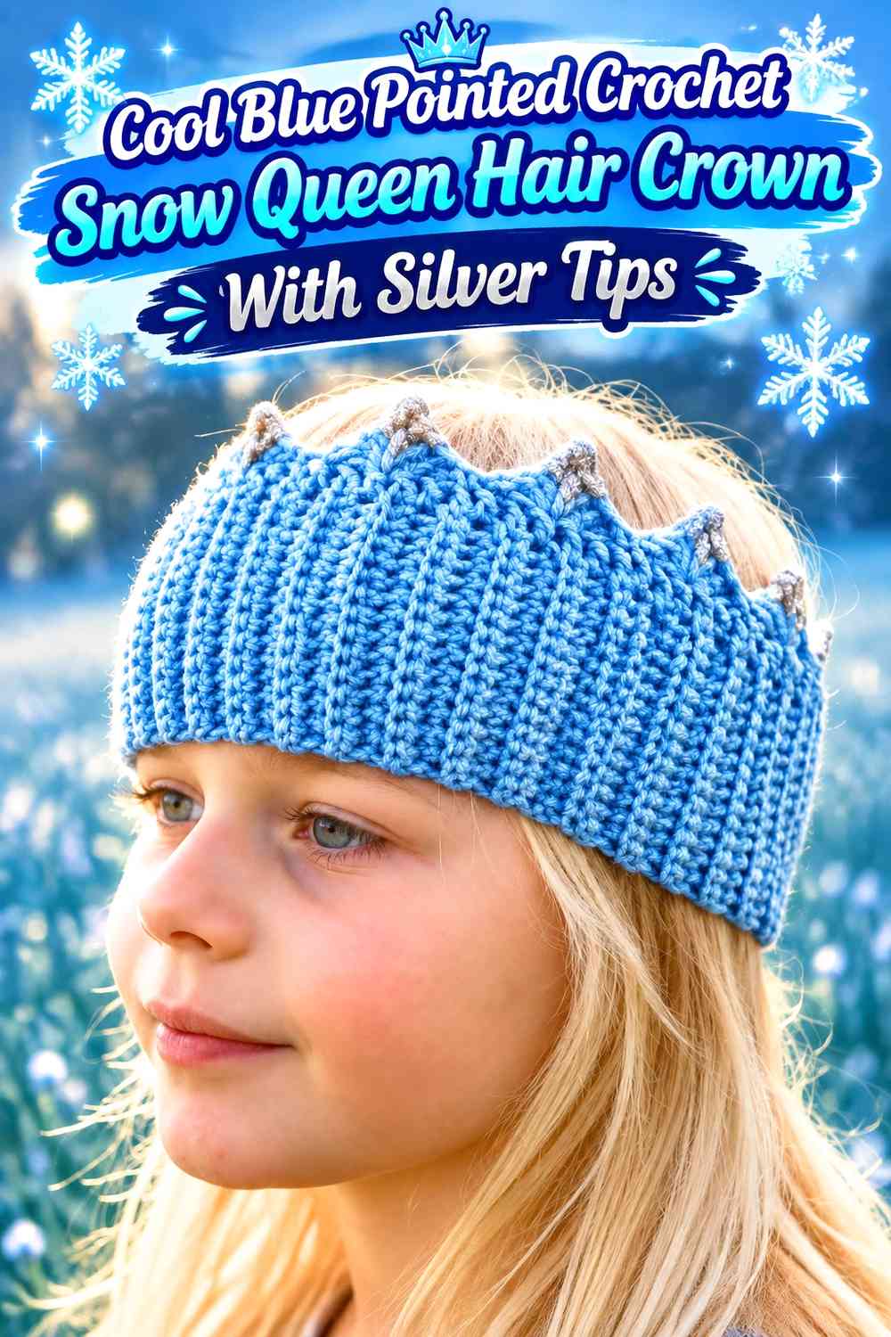 Cool Blue Pointed Crochet Snow Queen Hair Crown With Silver Tips