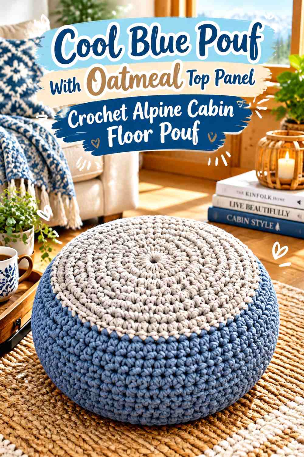 Cool Blue Pouf With Oatmeal Top Panel Crochet Alpine Cabin Floor Pouf