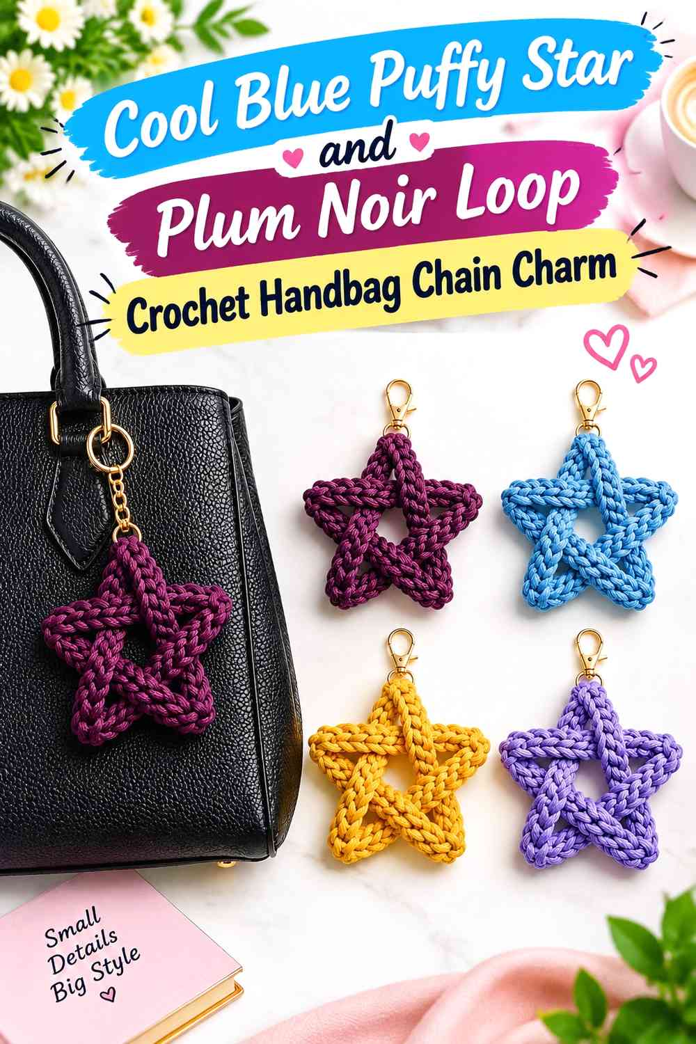 Cool Blue Puffy Star and Plum Noir Loop Crochet Handbag Chain Charm