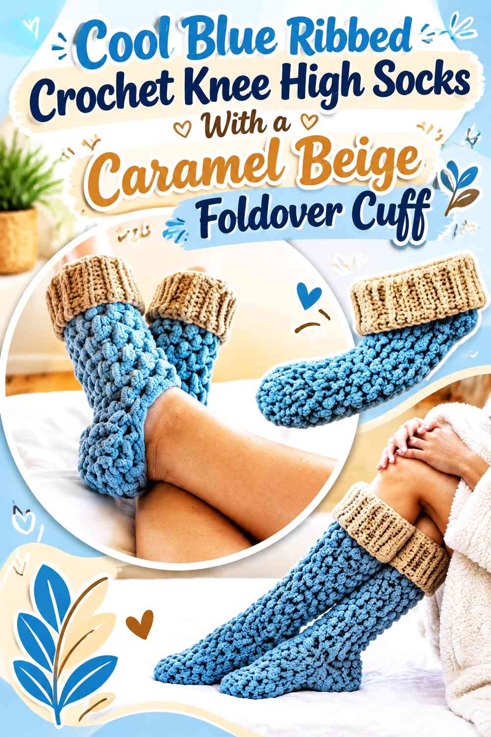 Cool Blue Ribbed Crochet Knee High Socks With a Caramel Beige Foldover Cuff