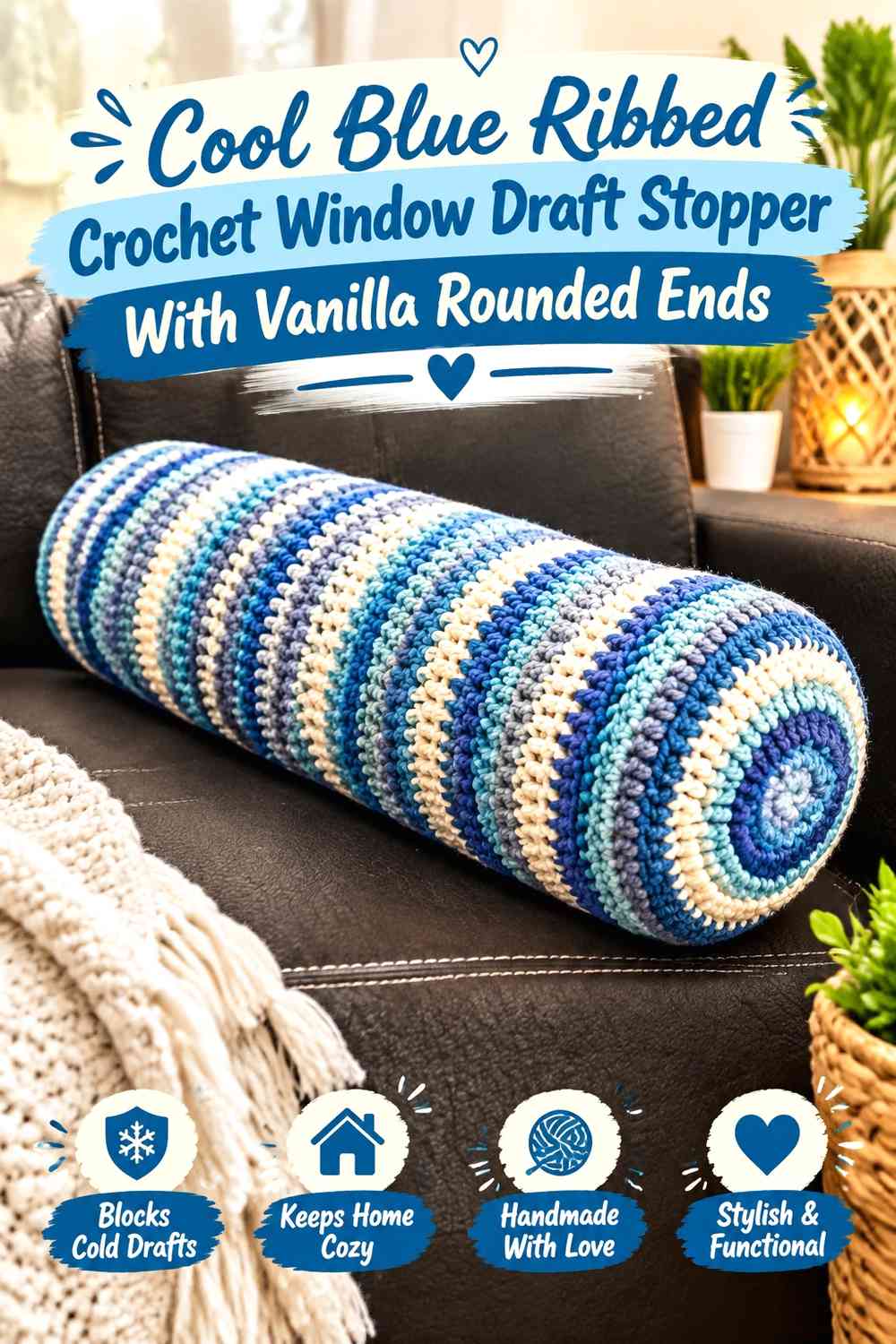 Cool Blue Ribbed Crochet Window Draft Stopper With Vanilla Rounded Ends