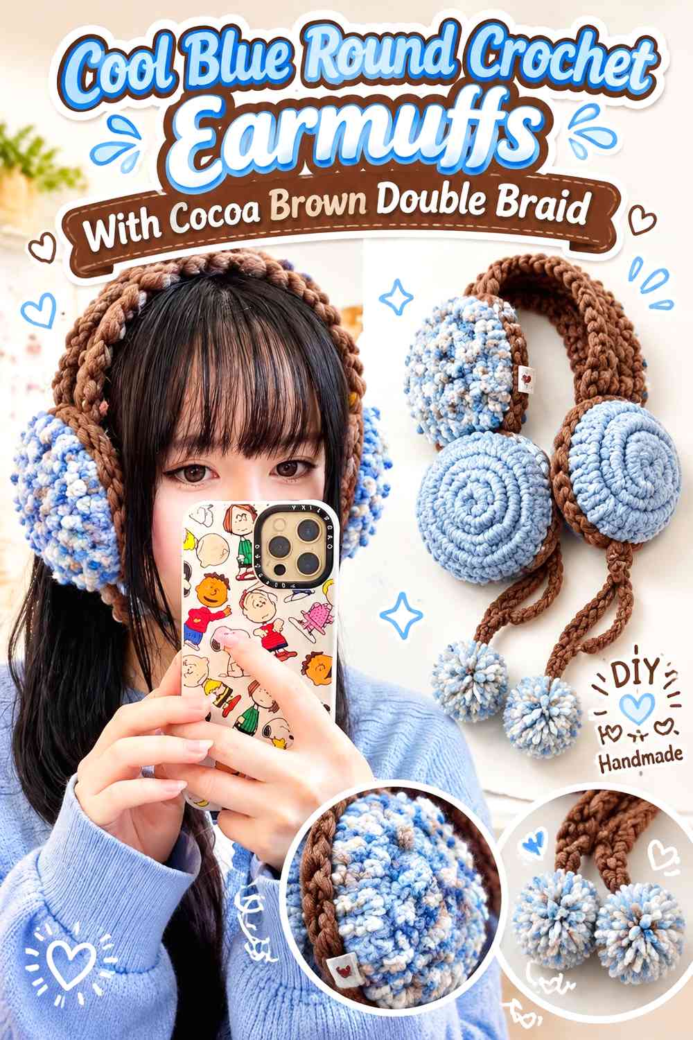 Cool Blue Round Crochet Earmuffs With Cocoa Brown Double Braid