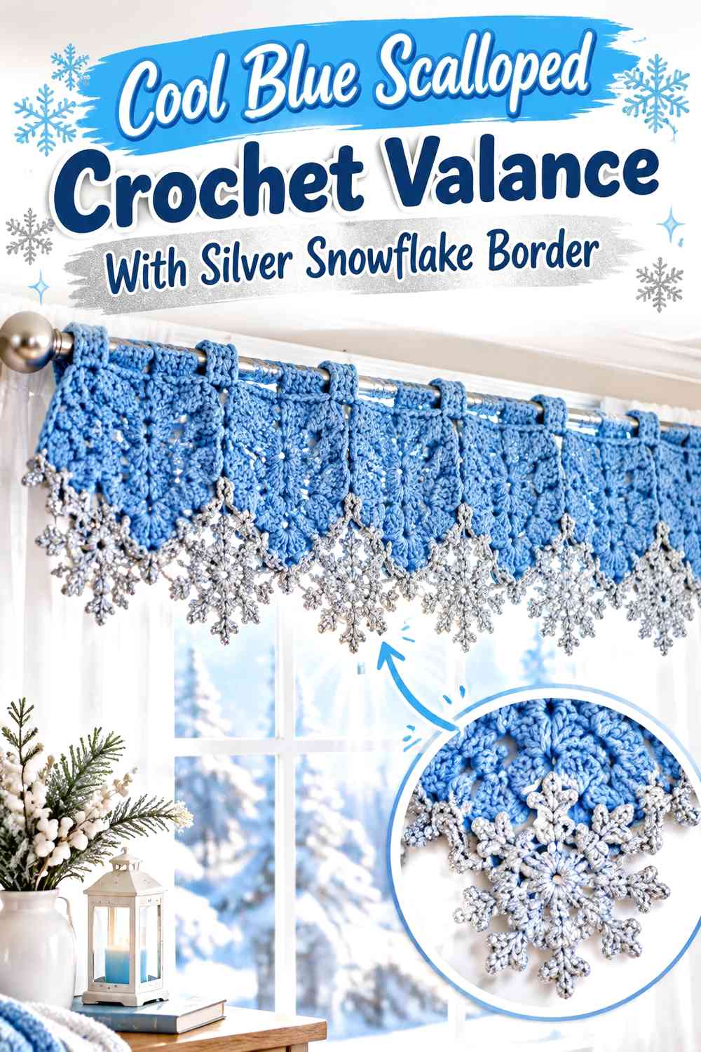 Cool Blue Scalloped Crochet Valance With Silver Snowflake Border