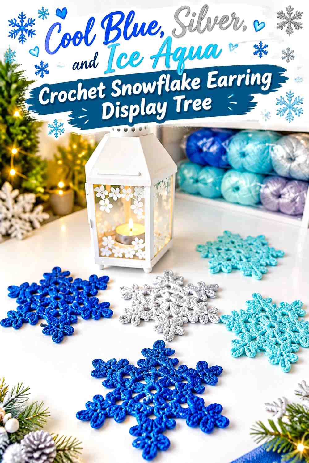 Cool Blue, Silver, and Ice Aqua Crochet Snowflake Earring Display Tree