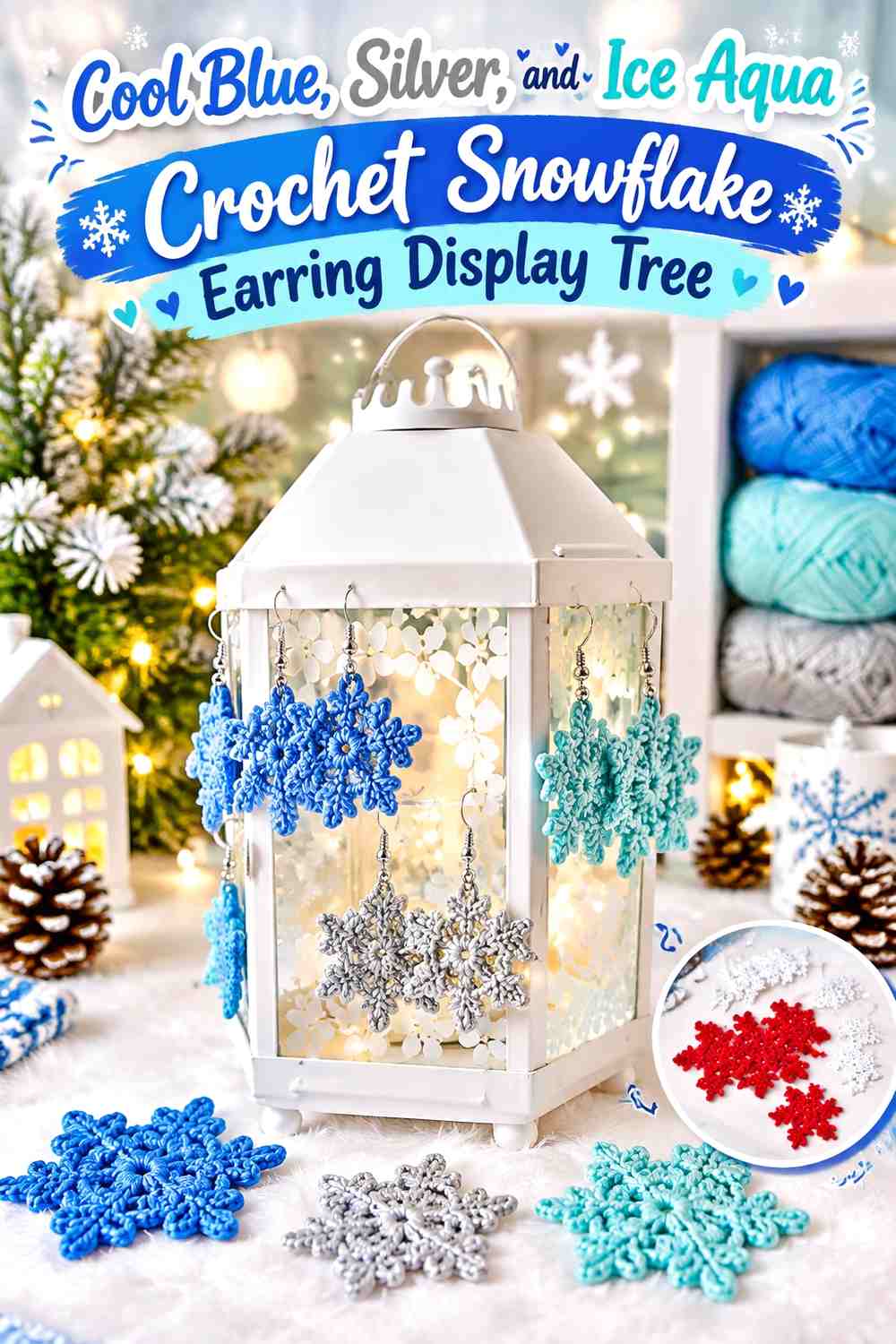 Cool Blue, Silver, and Ice Aqua Crochet Snowflake Earring Display Tree