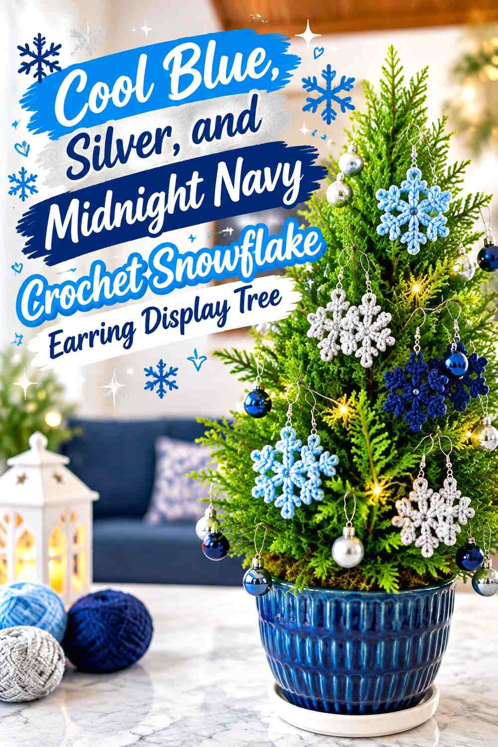 Cool Blue, Silver, and Midnight Navy Crochet Snowflake Earring Display Tree