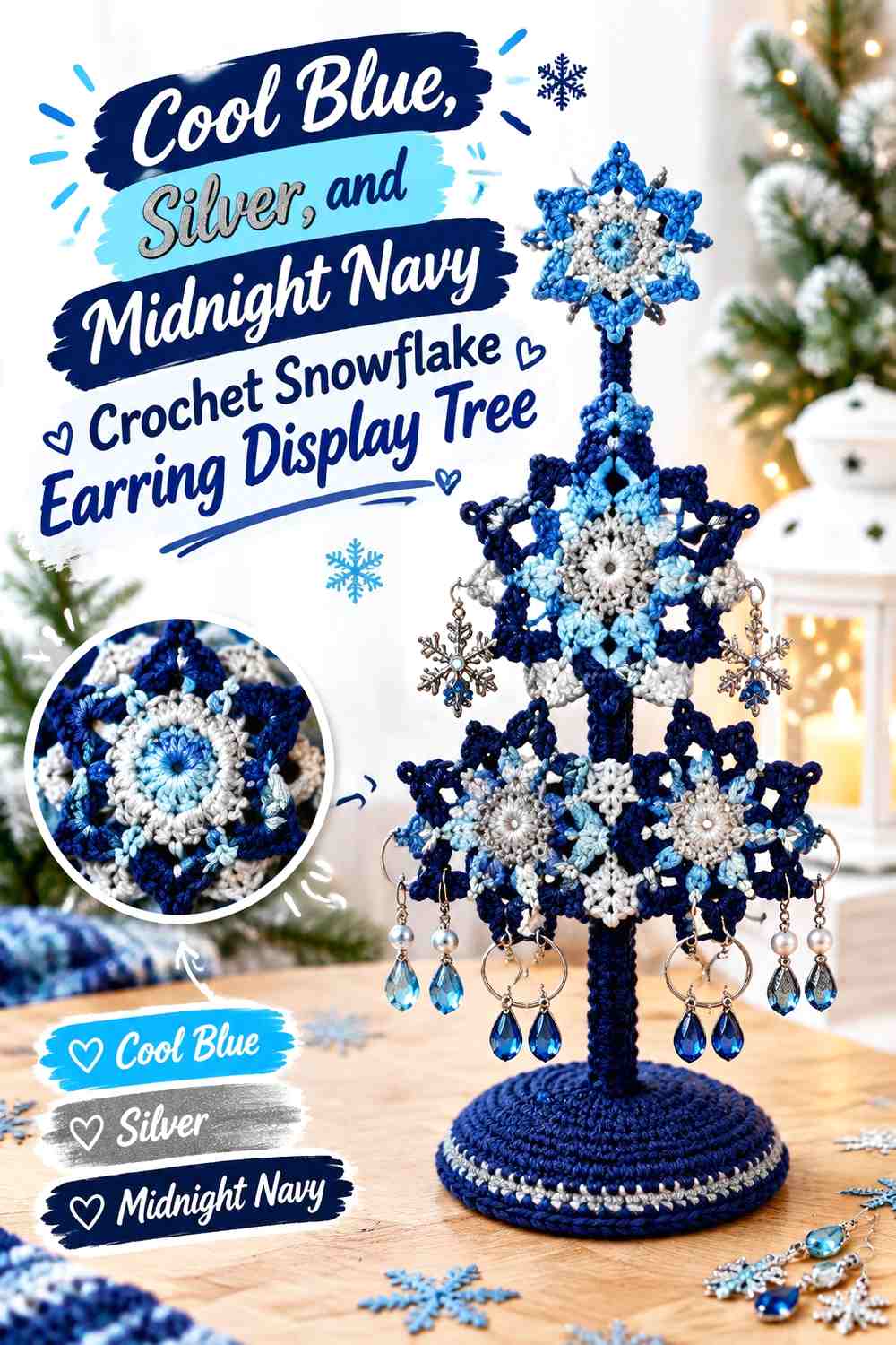 Cool Blue, Silver, and Midnight Navy Crochet Snowflake Earring Display Tree