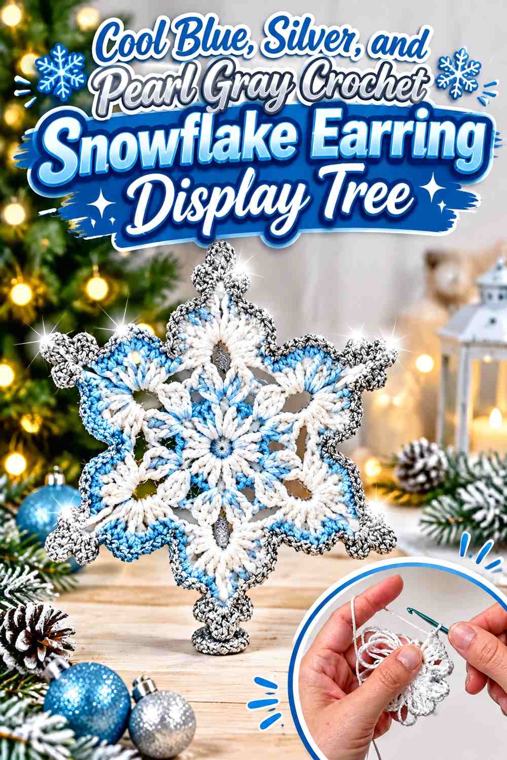 Cool Blue, Silver, and Pearl Gray Crochet Snowflake Earring Display Tree