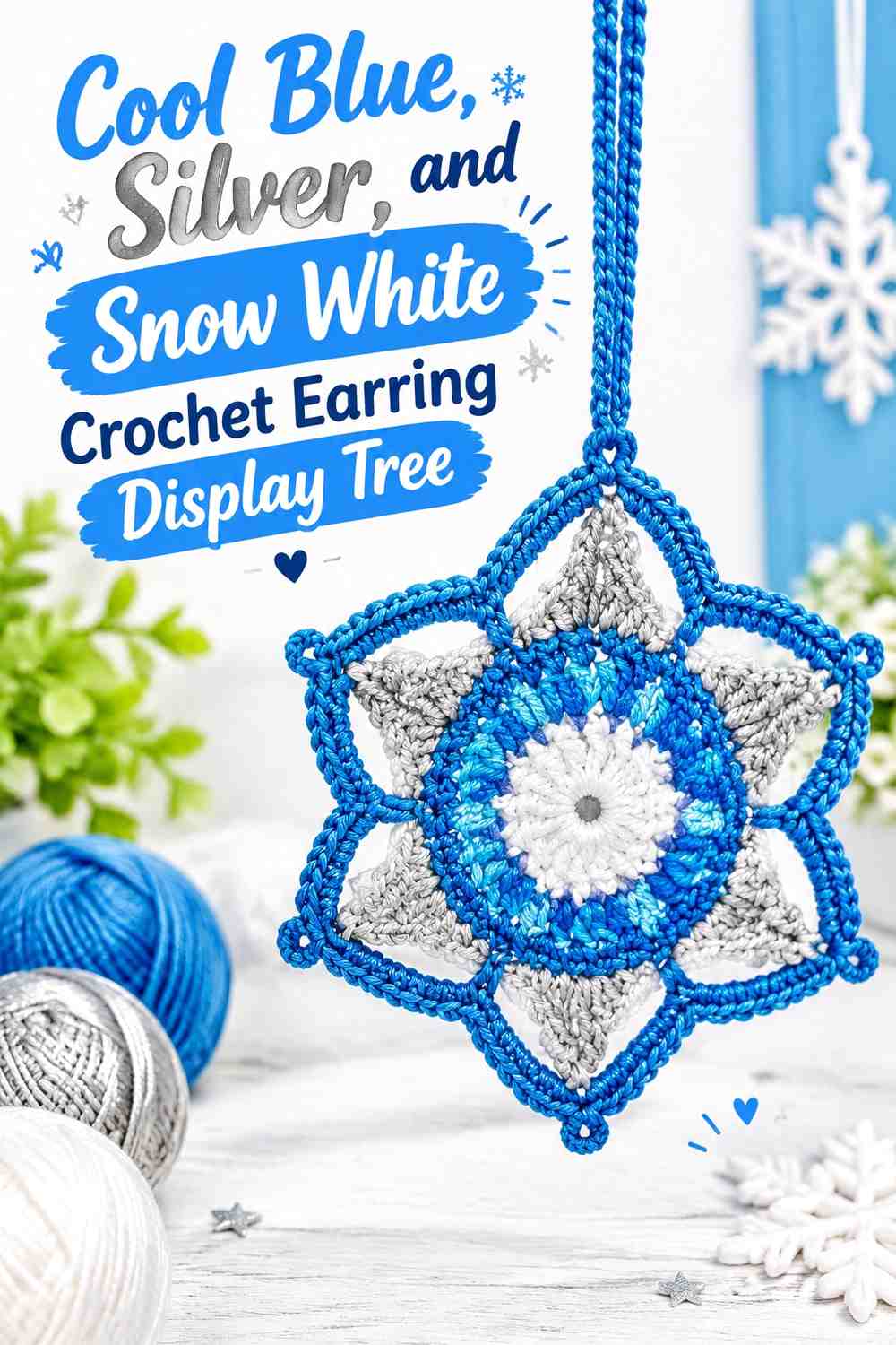 Cool Blue, Silver, and Snow White Crochet Earring Display Tree