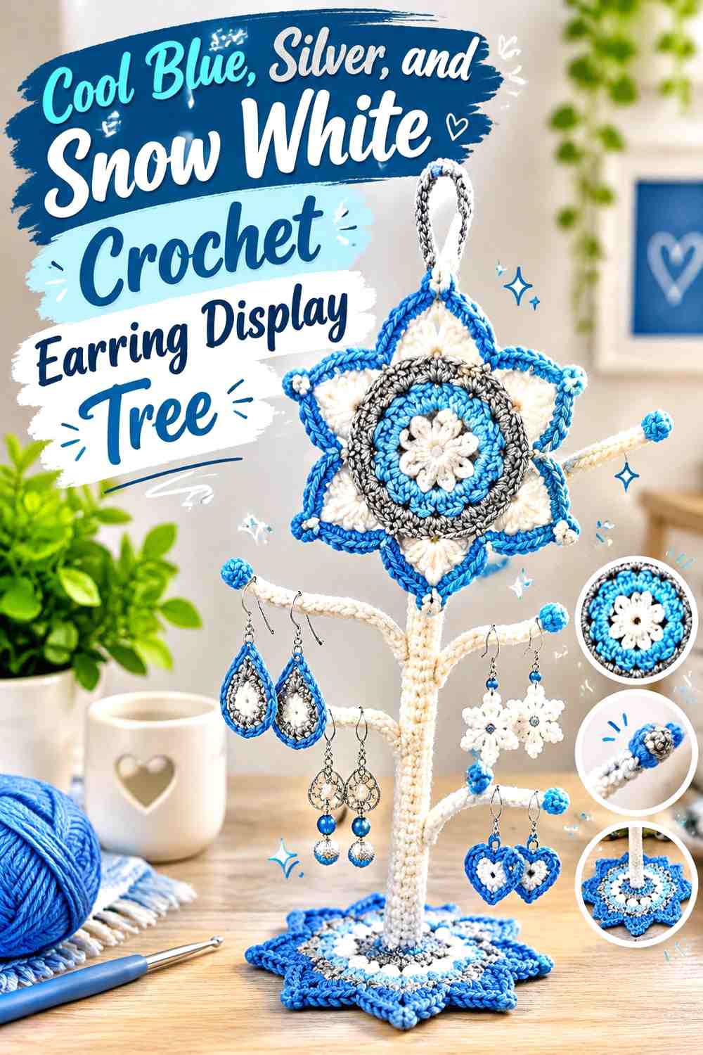 Cool Blue, Silver, and Snow White Crochet Earring Display Tree