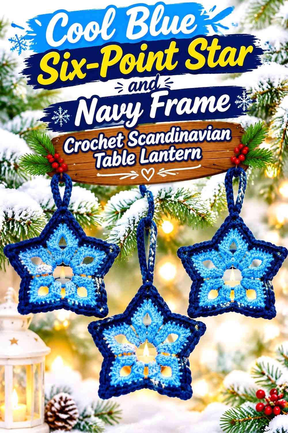Cool Blue Six-Point Star and Navy Frame Crochet Scandinavian Table Lantern