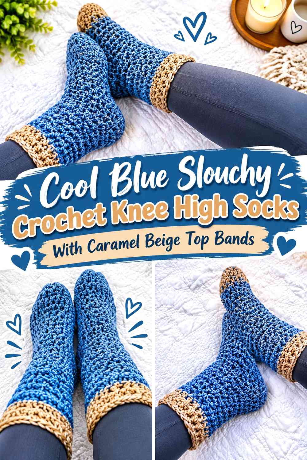 Cool Blue Slouchy Crochet Knee High Socks With Caramel Beige Top Bands