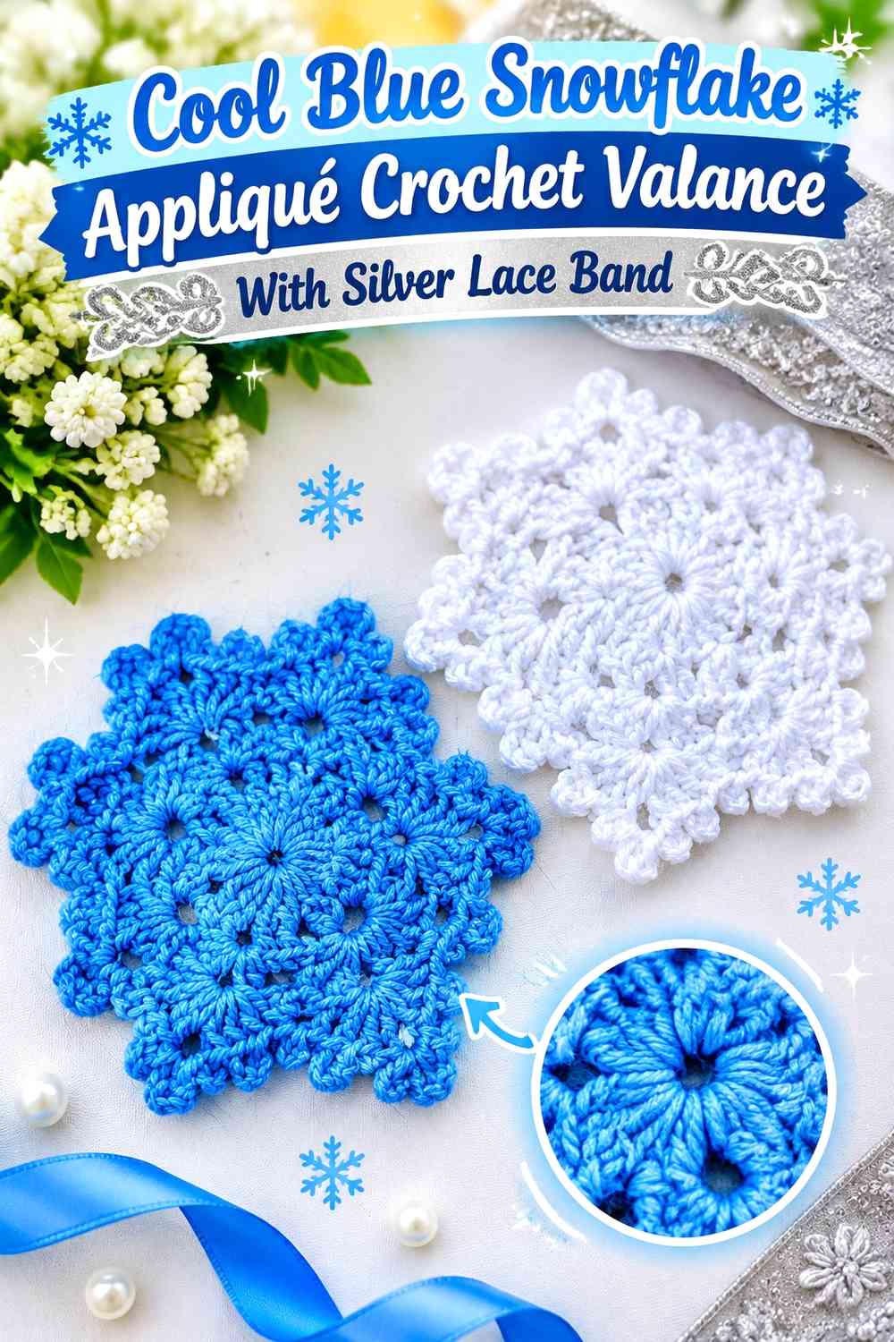 Cool Blue Snowflake Appliqué Crochet Valance With Silver Lace Band