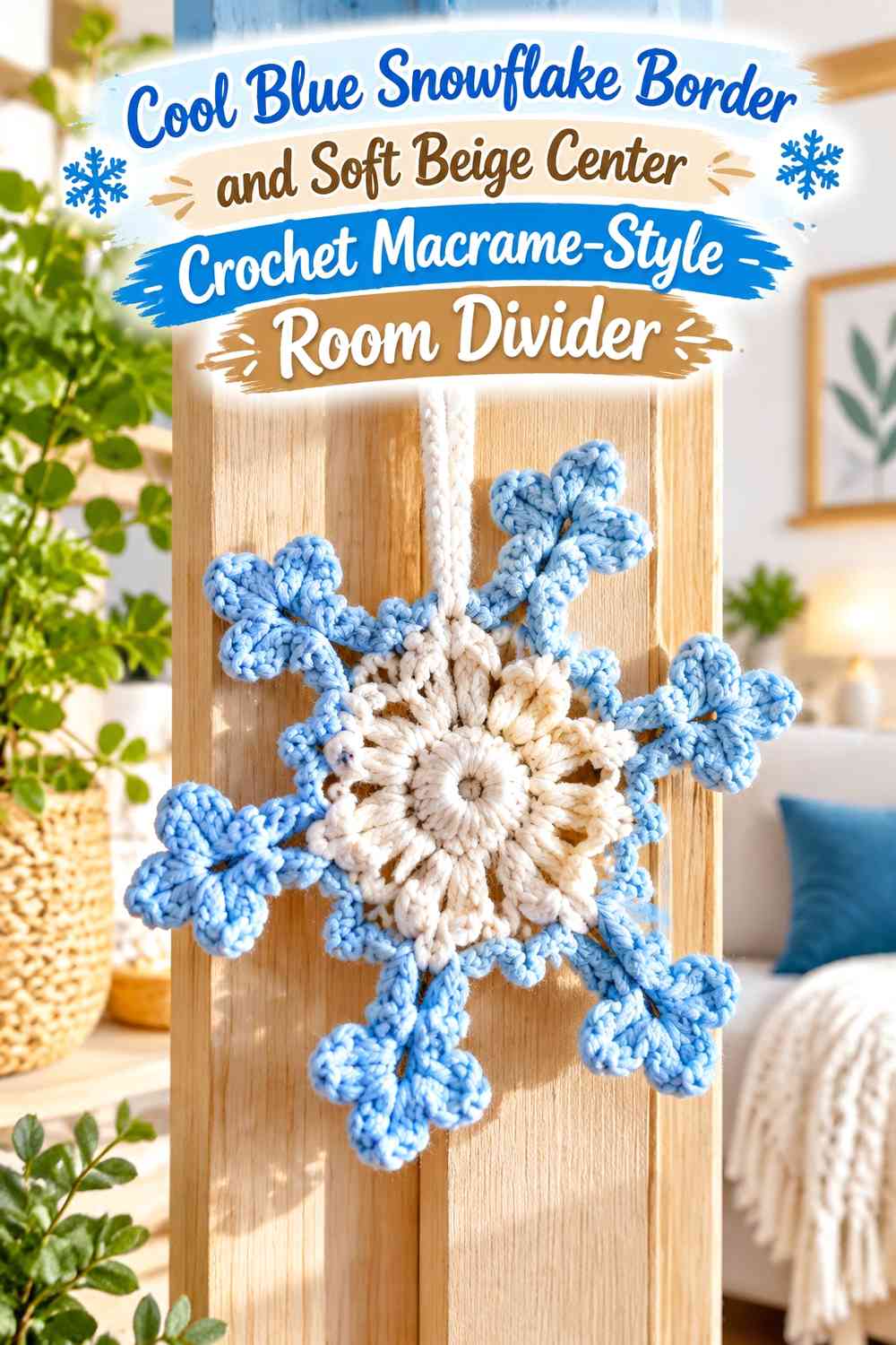 Cool Blue Snowflake Border and Soft Beige Center Crochet Macrame-Style Room Divider