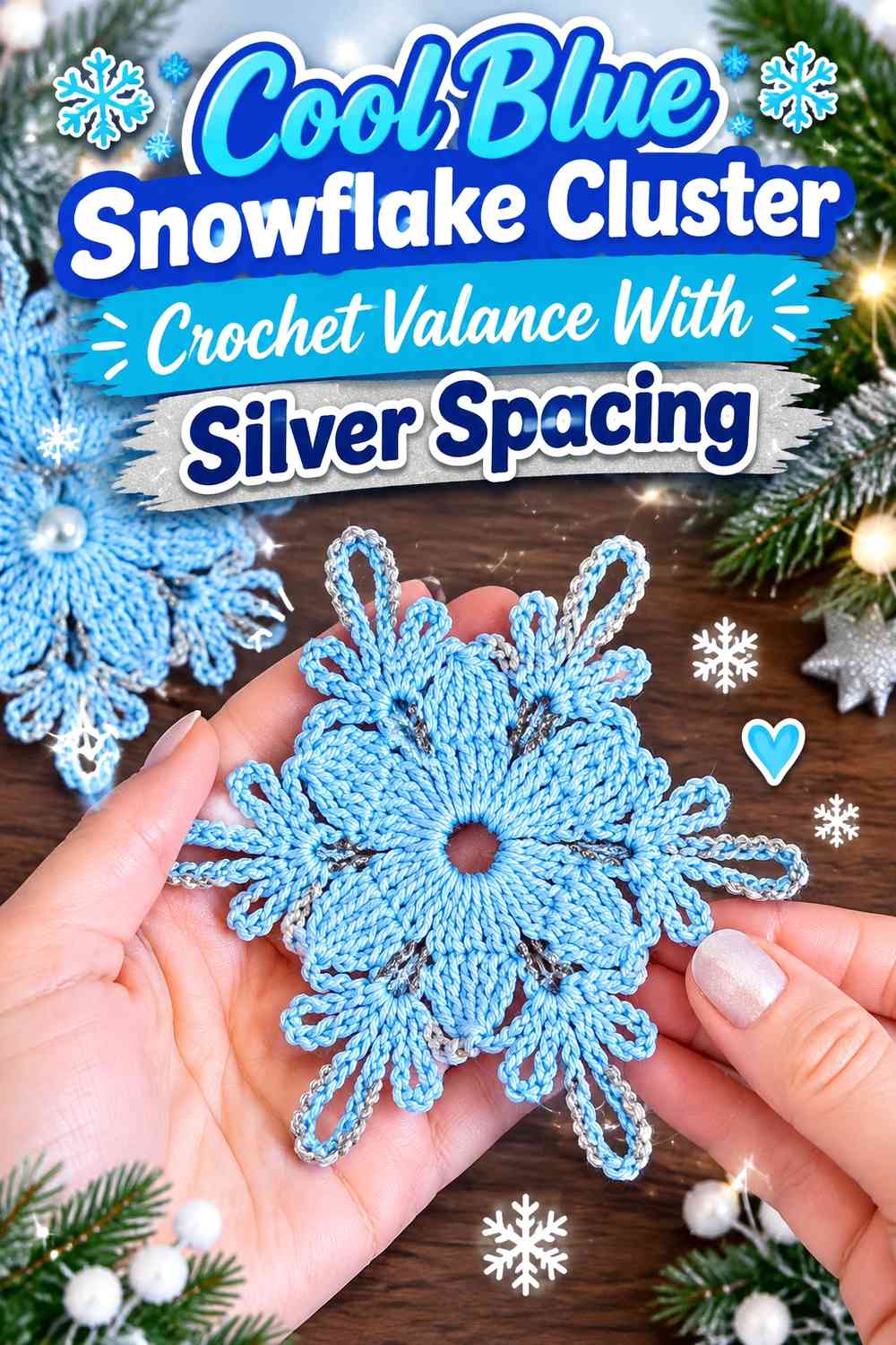 Cool Blue Snowflake Cluster Crochet Valance With Silver Spacing