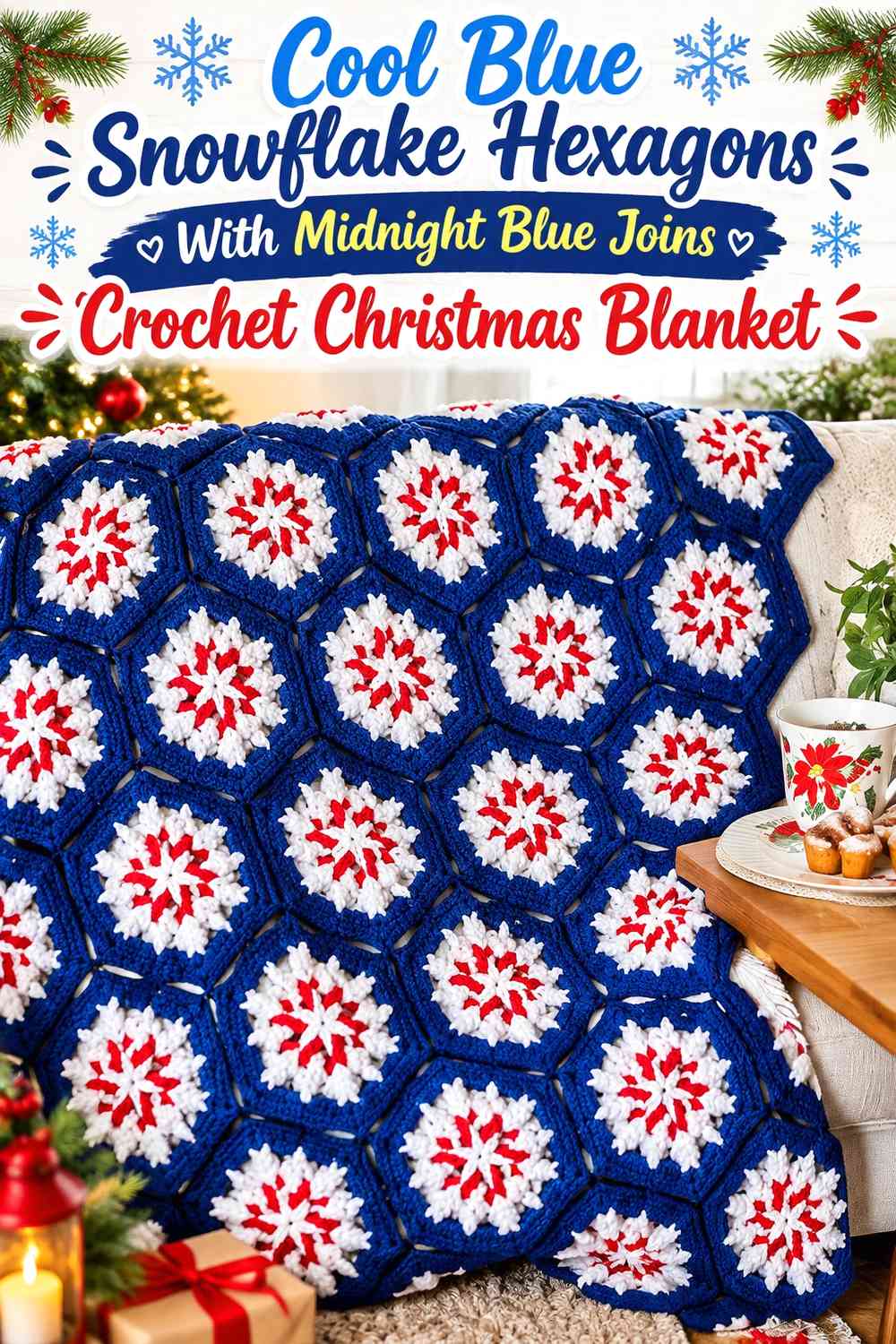 Cool Blue Snowflake Hexagons With Midnight Blue Joins Crochet Christmas Blanket