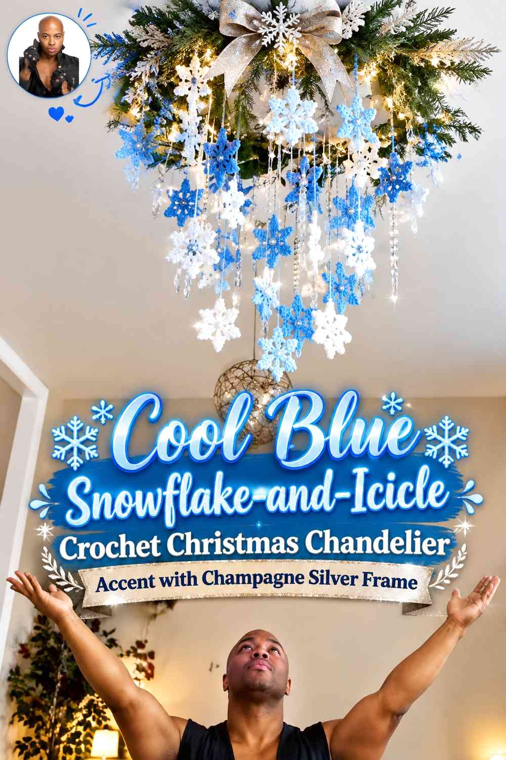Cool Blue Snowflake-and-Icicle Crochet Christmas Chandelier Accent with Champagne Silver Frame