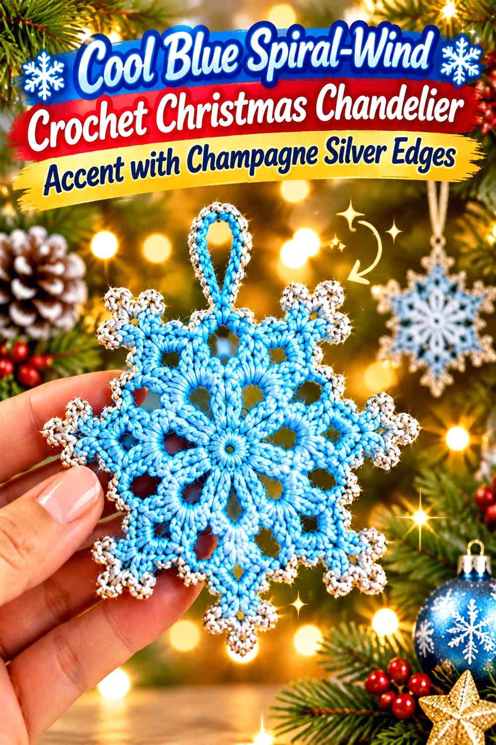 Cool Blue Spiral-Wind Crochet Christmas Chandelier Accent with Champagne Silver Edges