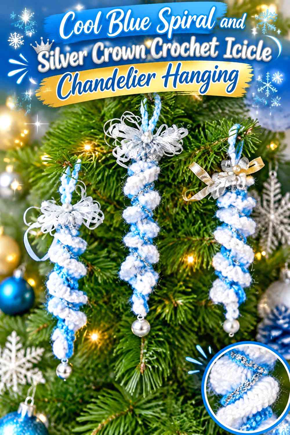 Cool Blue Spiral and Silver Crown Crochet Icicle Chandelier Hanging