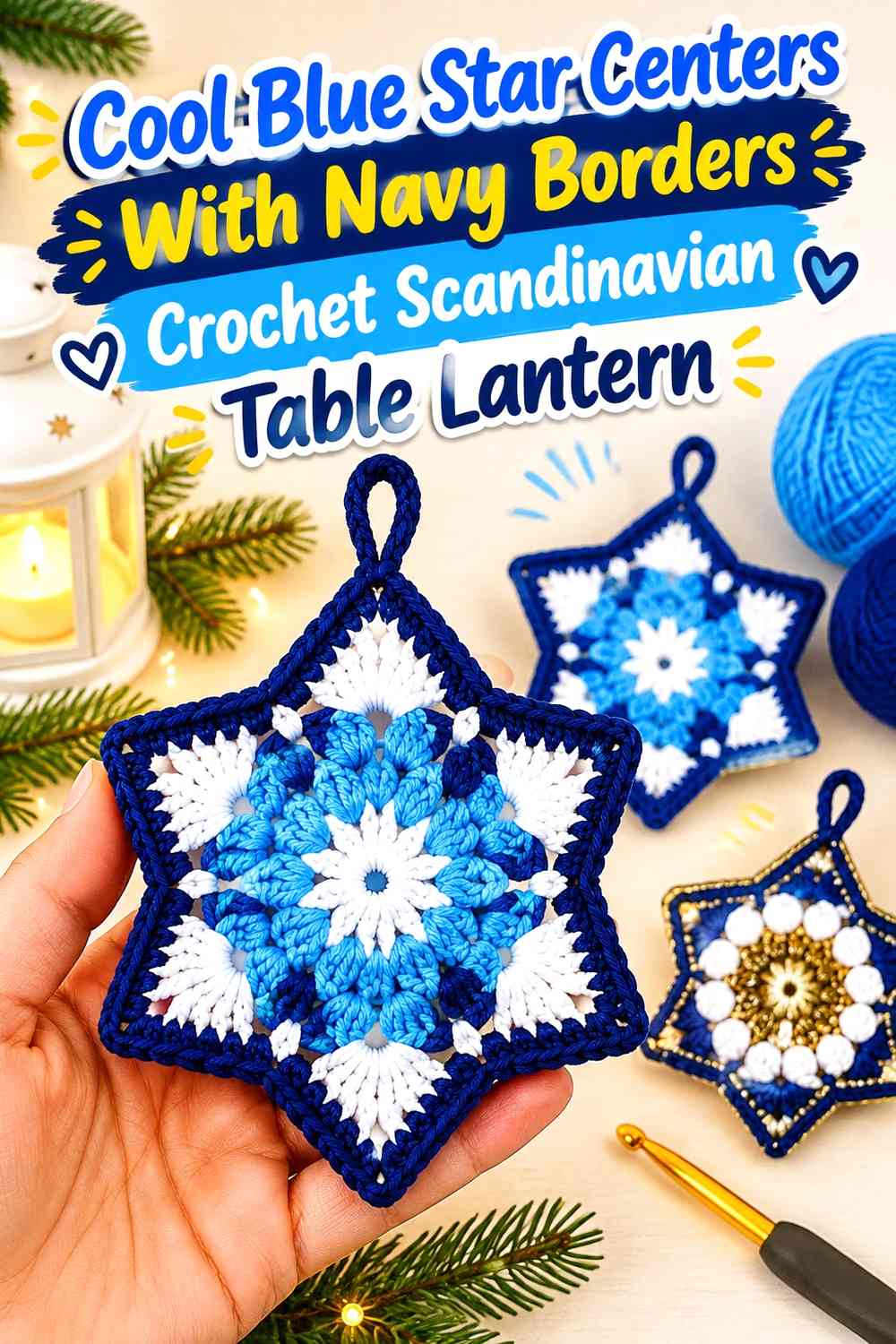 Cool Blue Star Centers With Navy Borders Crochet Scandinavian Table Lantern