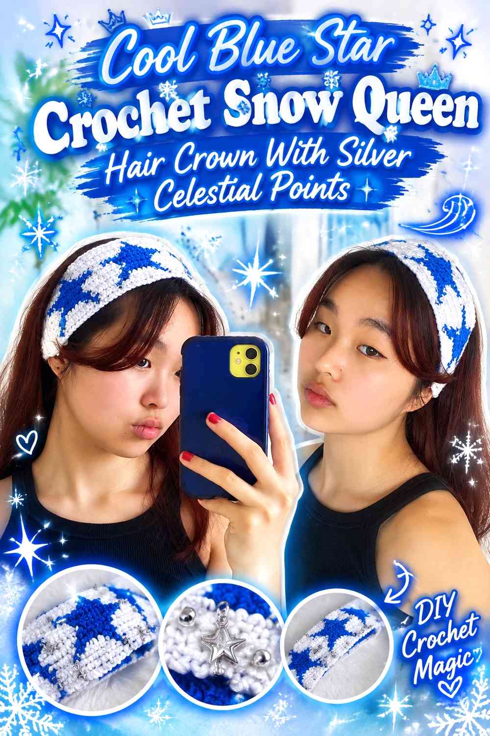 Cool Blue Star Crochet Snow Queen Hair Crown With Silver Celestial Points